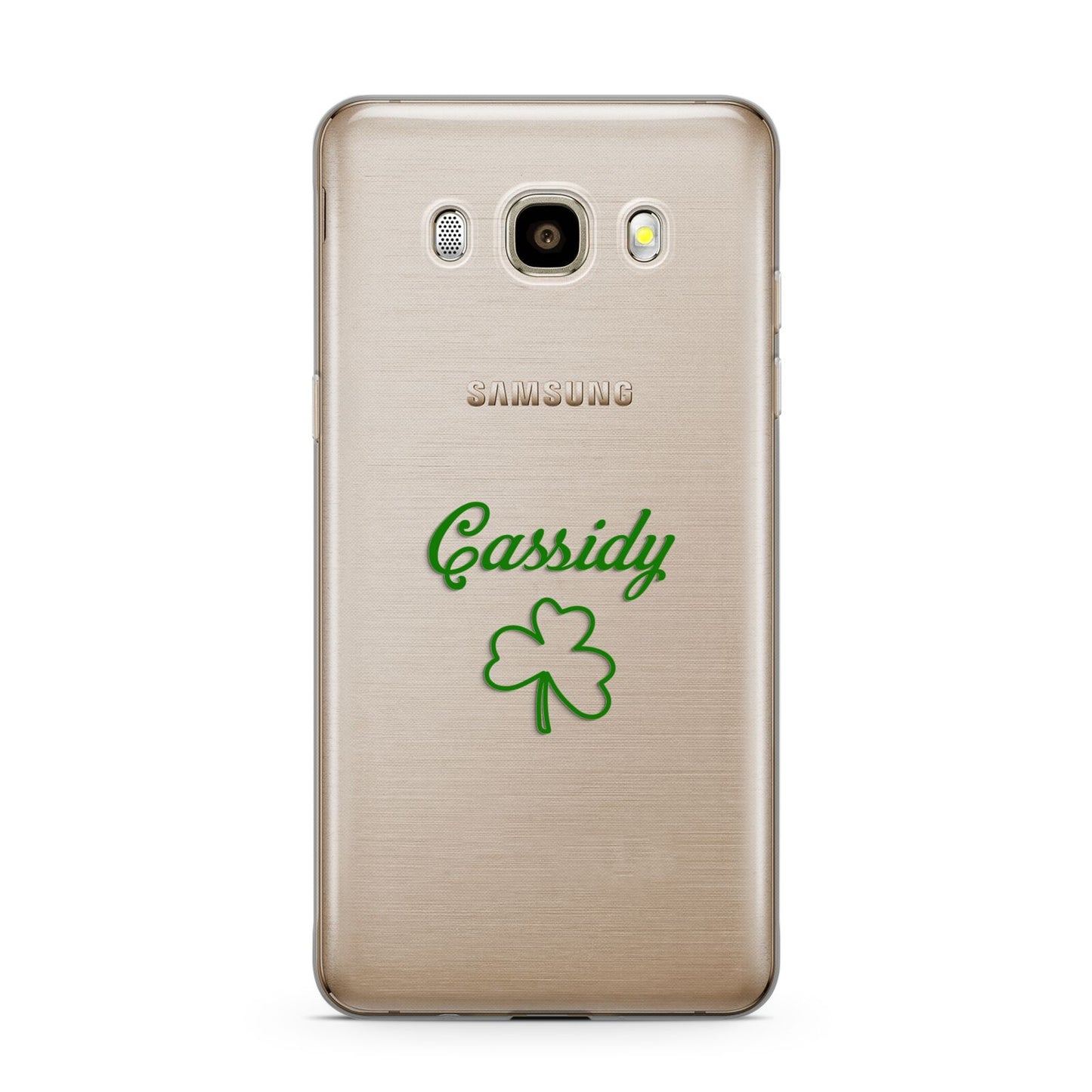 Personalised Name Shamrock Samsung Galaxy J7 2016 Case on gold phone