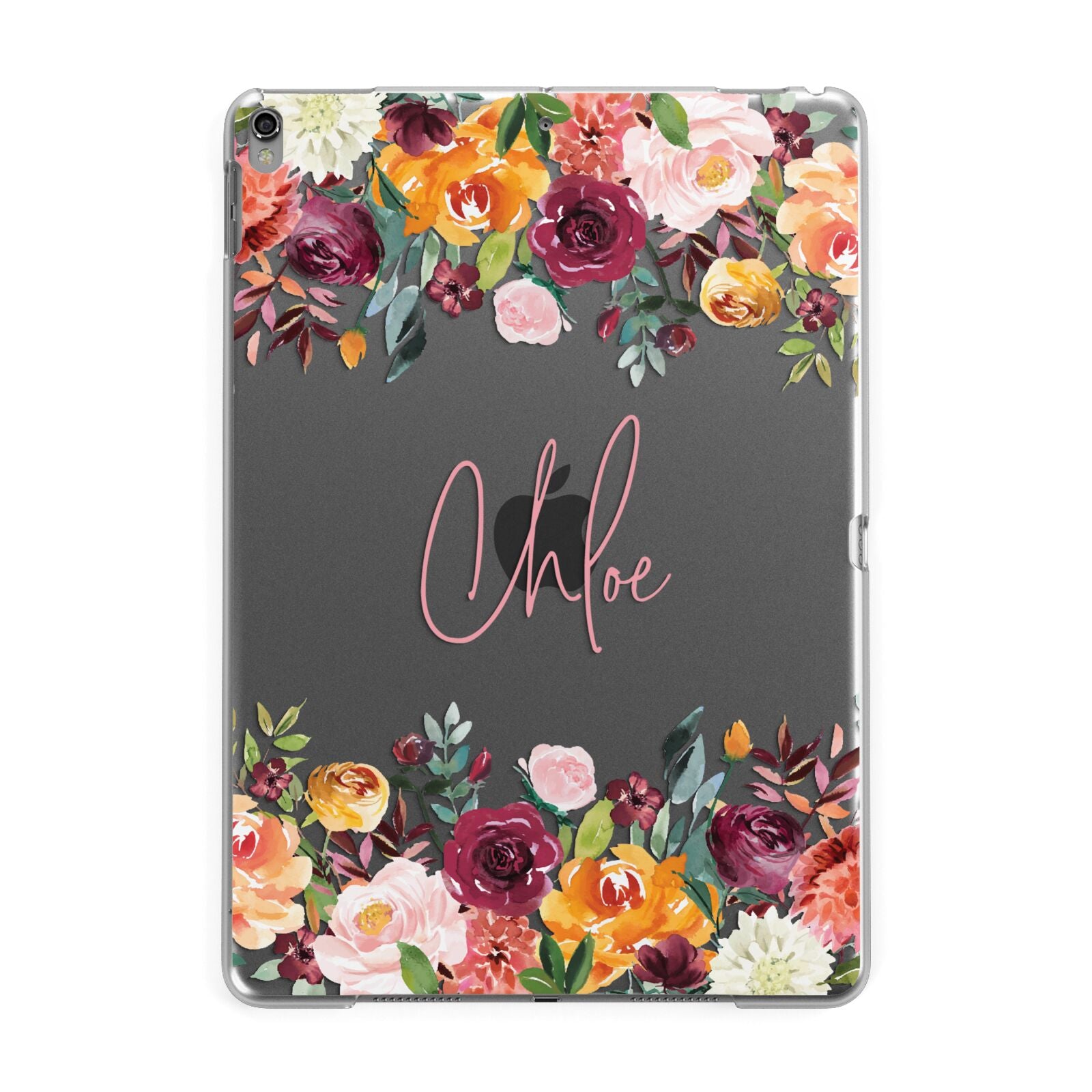 Personalised Name Transparent Flowers Apple iPad Grey Case