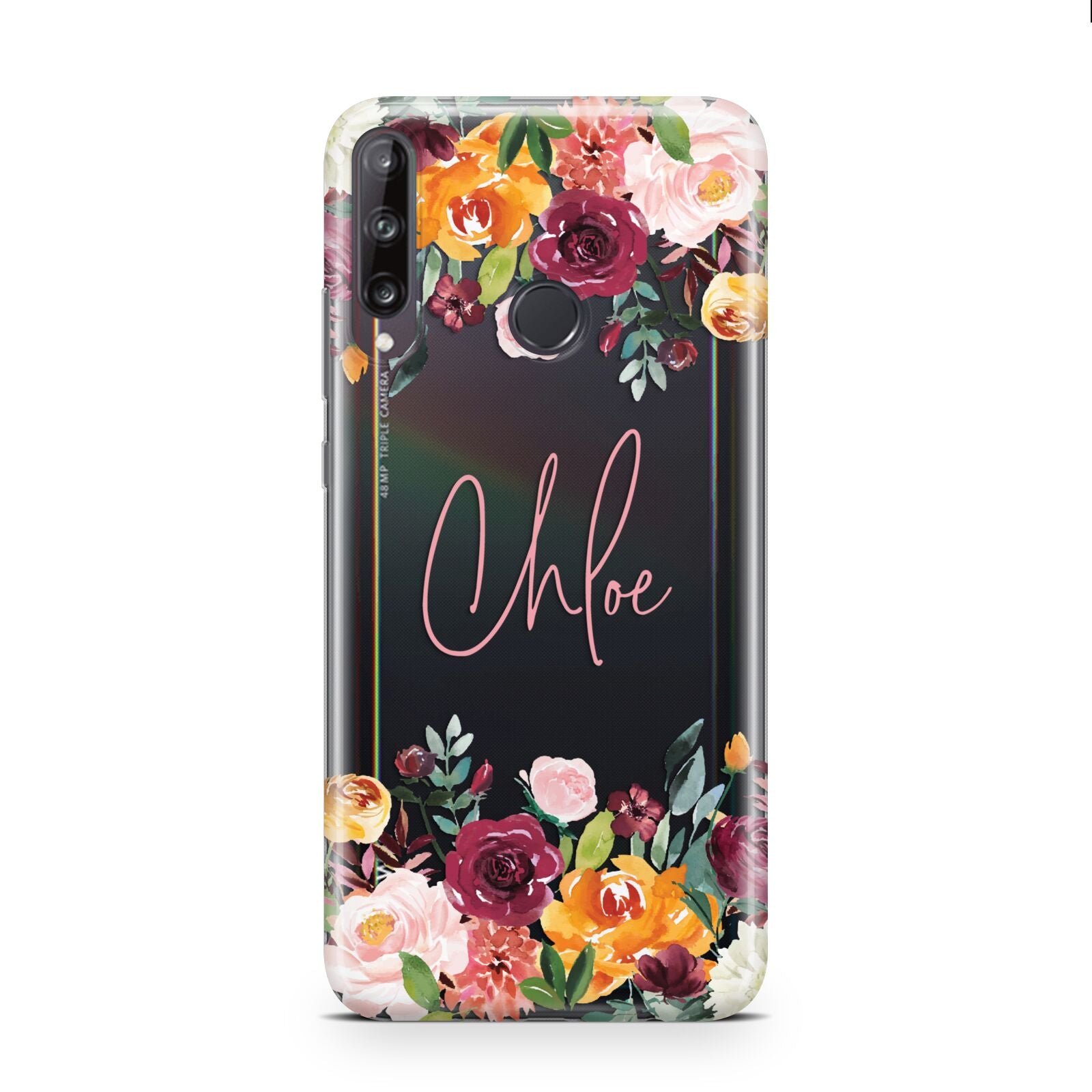 Personalised Name Transparent Flowers Huawei P40 Lite E Phone Case