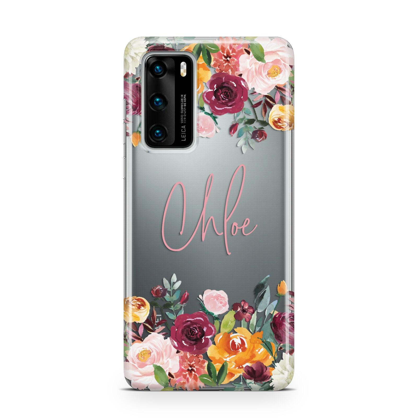 Personalised Name Transparent Flowers Huawei P40 Phone Case