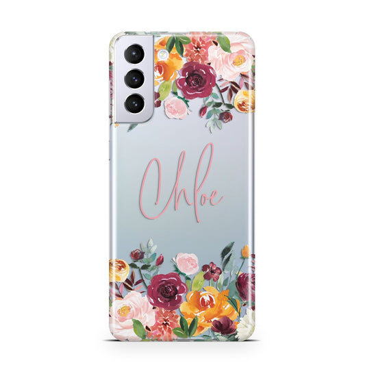 Personalised Name Transparent Flowers Samsung S21 Plus Phone Case