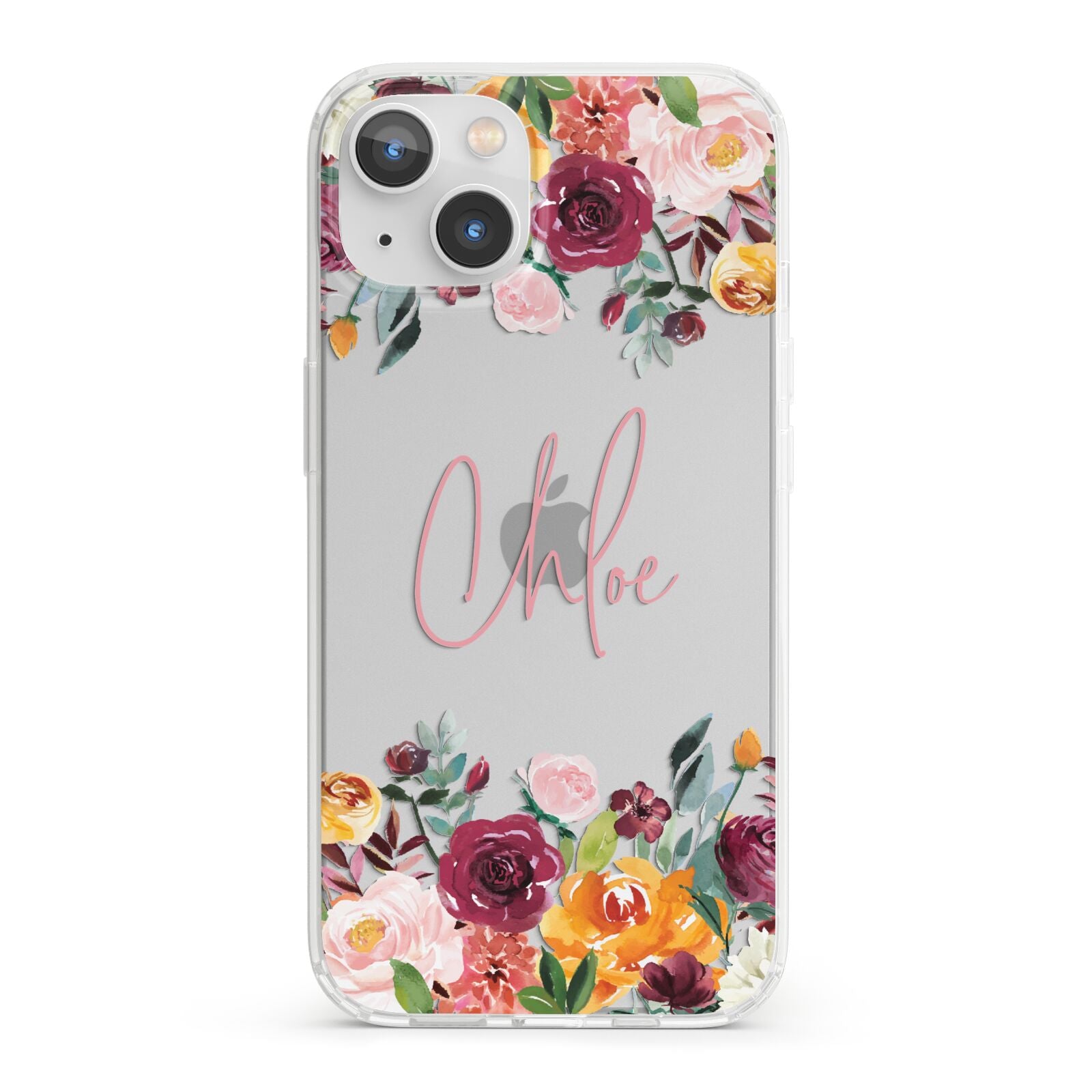 Personalised Name Transparent Flowers iPhone 13 Clear Bumper Case