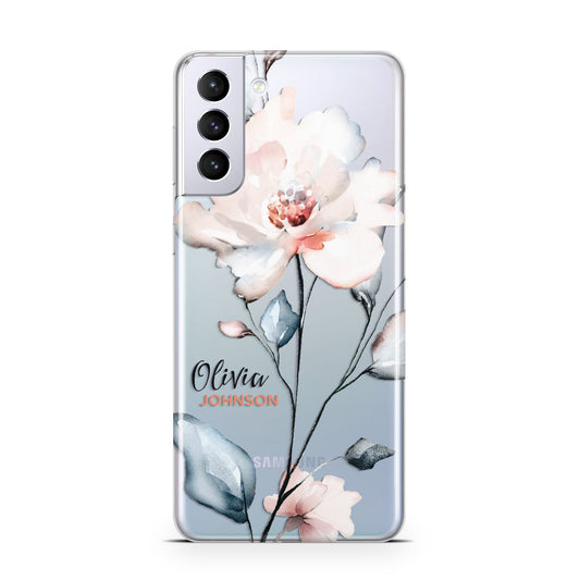 Personalised Name Watercolour Roses Samsung S21 Plus Phone Case