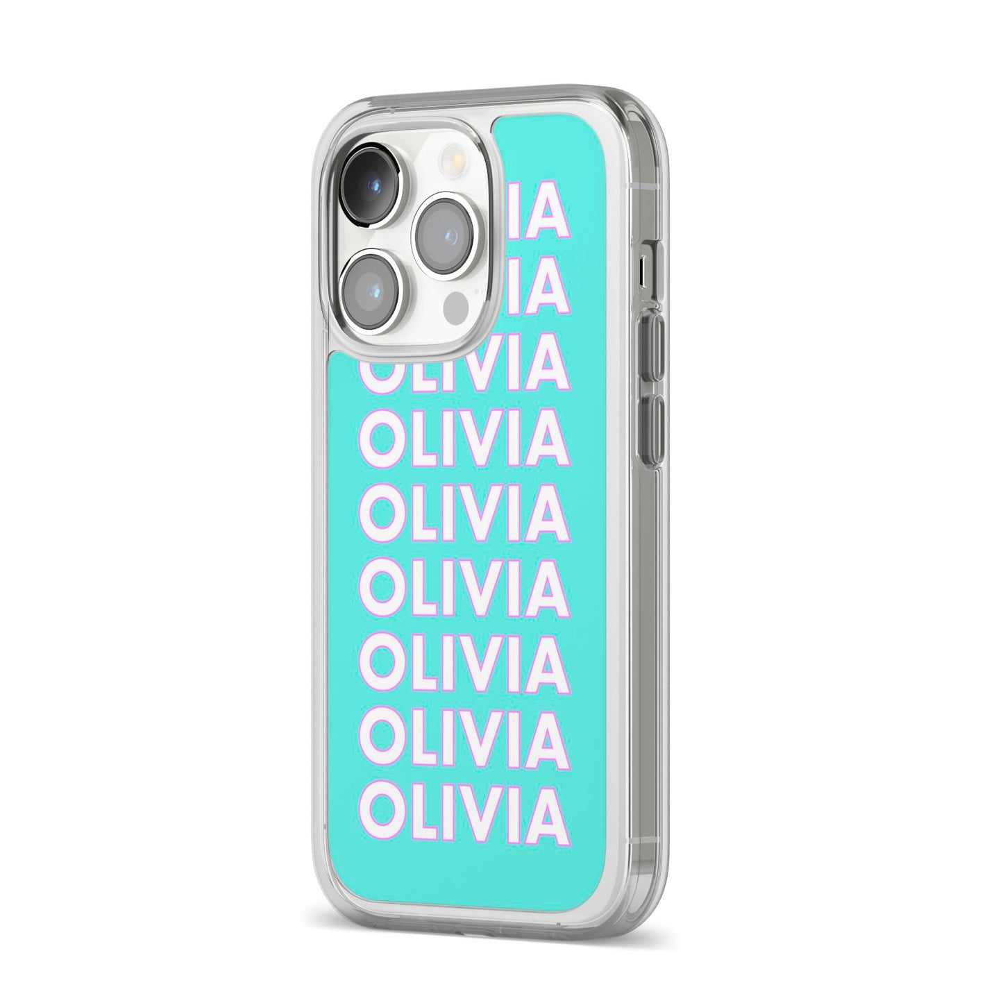 Personalised Names iPhone 14 Pro Clear Tough Case Silver Angled Image