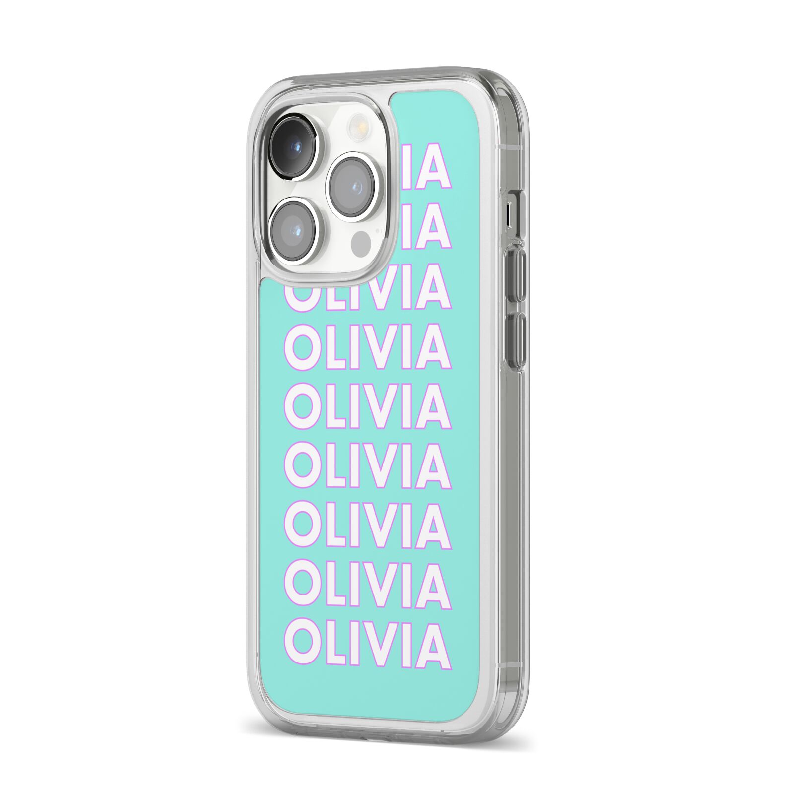 Personalised Names iPhone 14 Pro Clear Tough Case Silver Angled Image