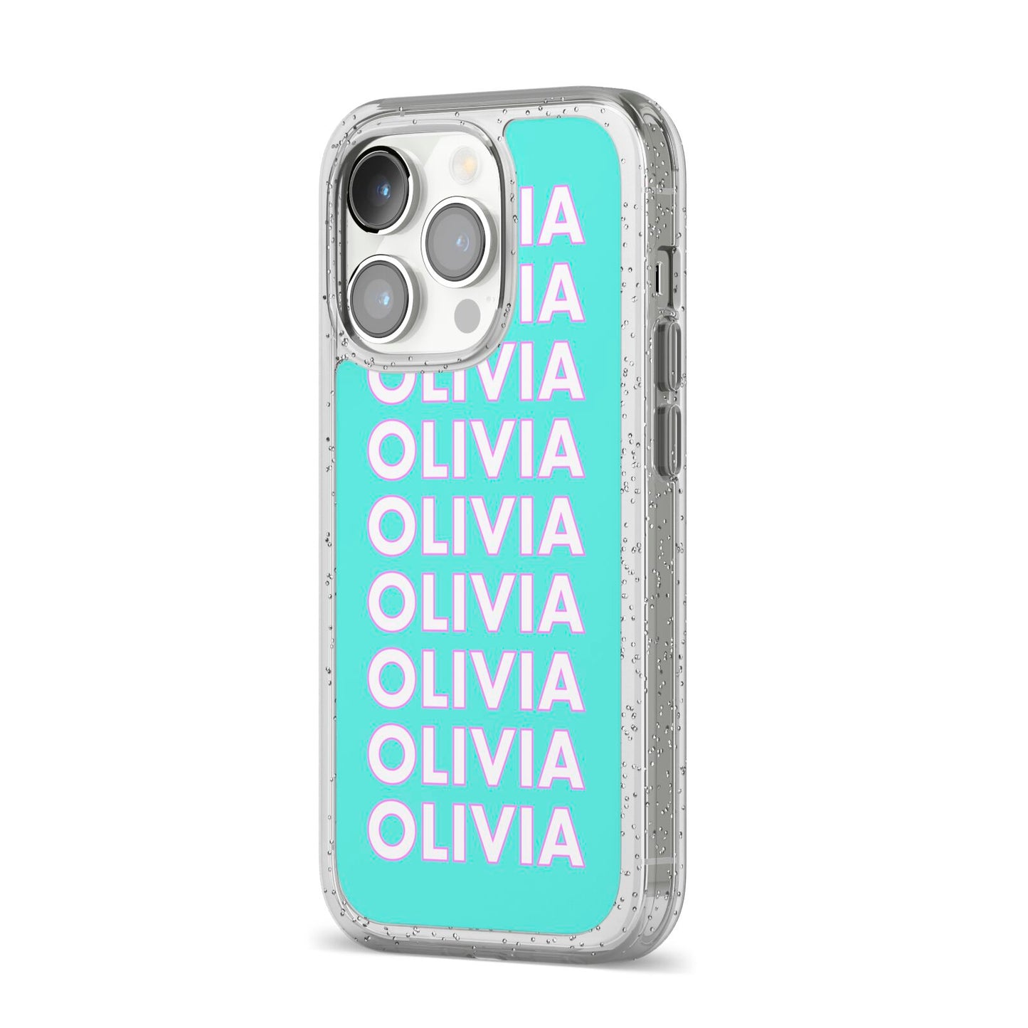 Personalised Names iPhone 14 Pro Glitter Tough Case Silver Angled Image