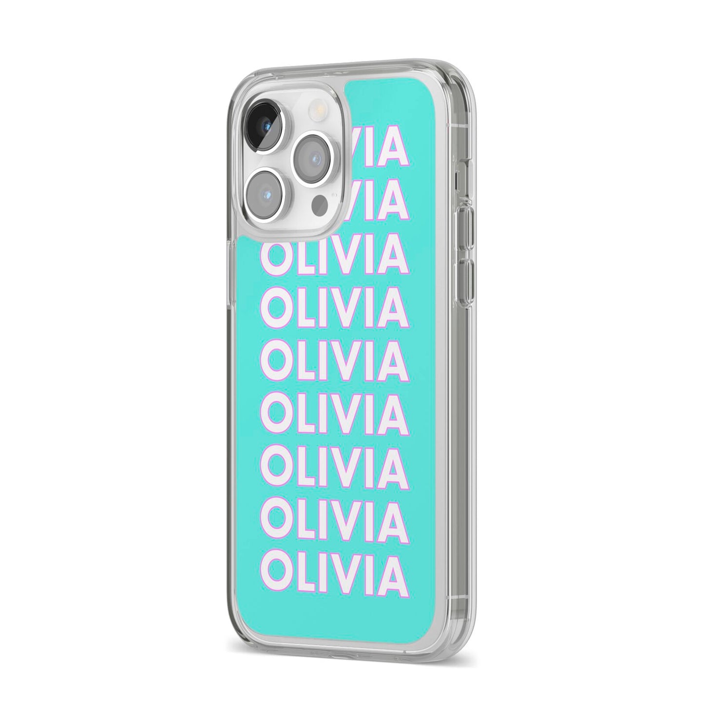 Personalised Names iPhone 14 Pro Max Clear Tough Case Silver Angled Image