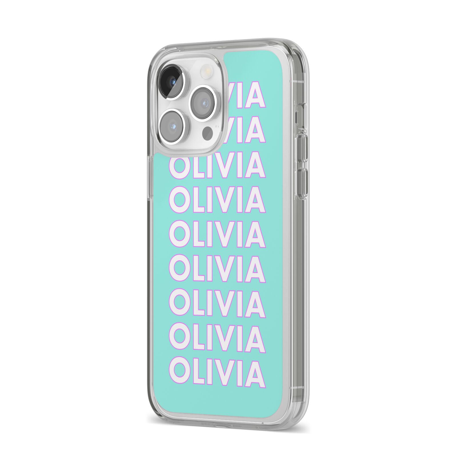 Personalised Names iPhone 14 Pro Max Clear Tough Case Silver Angled Image