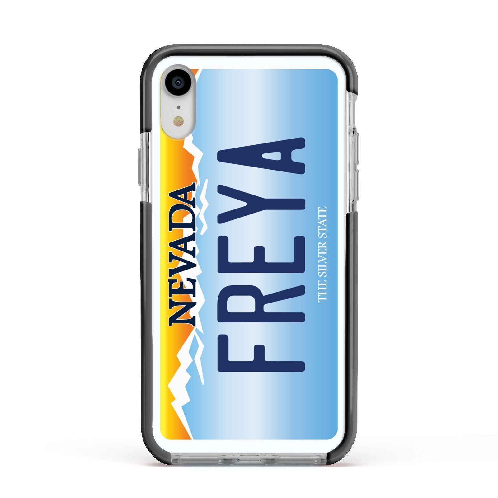 Personalised Nevada License Plate Apple iPhone XR Impact Case Black Edge on Silver Phone