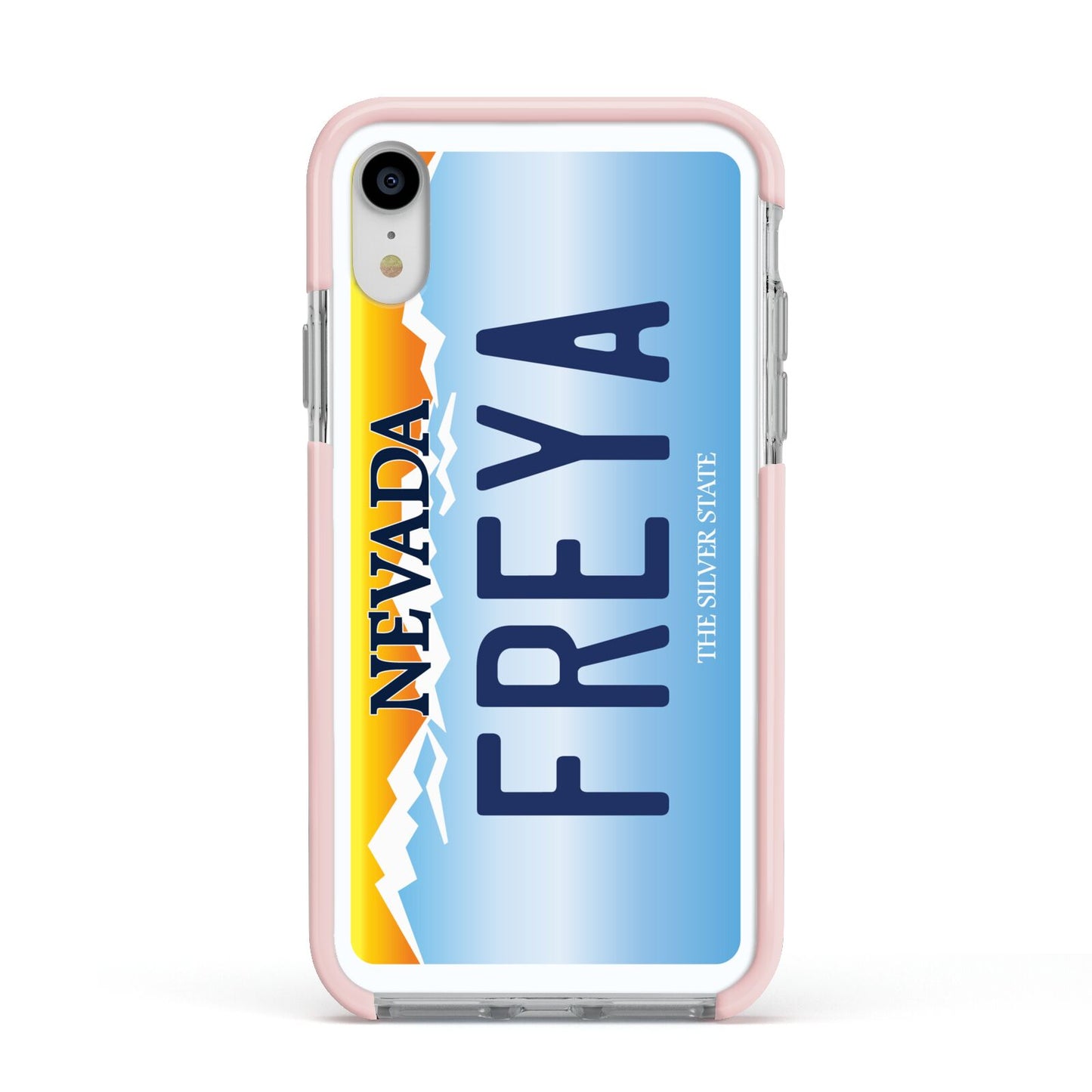 Personalised Nevada License Plate Apple iPhone XR Impact Case Pink Edge on Silver Phone