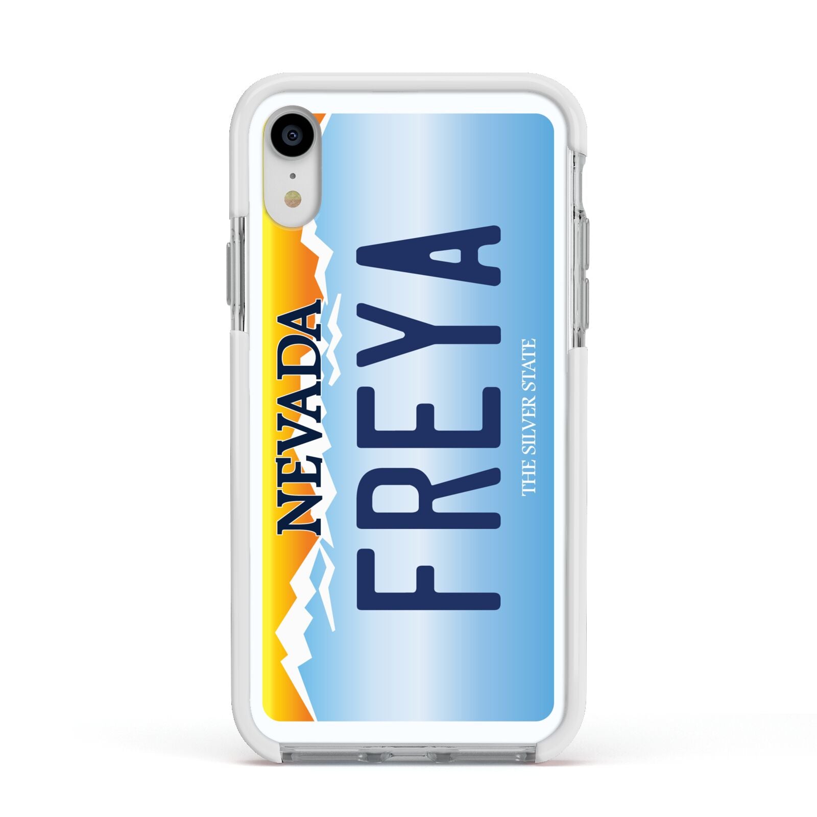 Personalised Nevada License Plate Apple iPhone XR Impact Case White Edge on Silver Phone