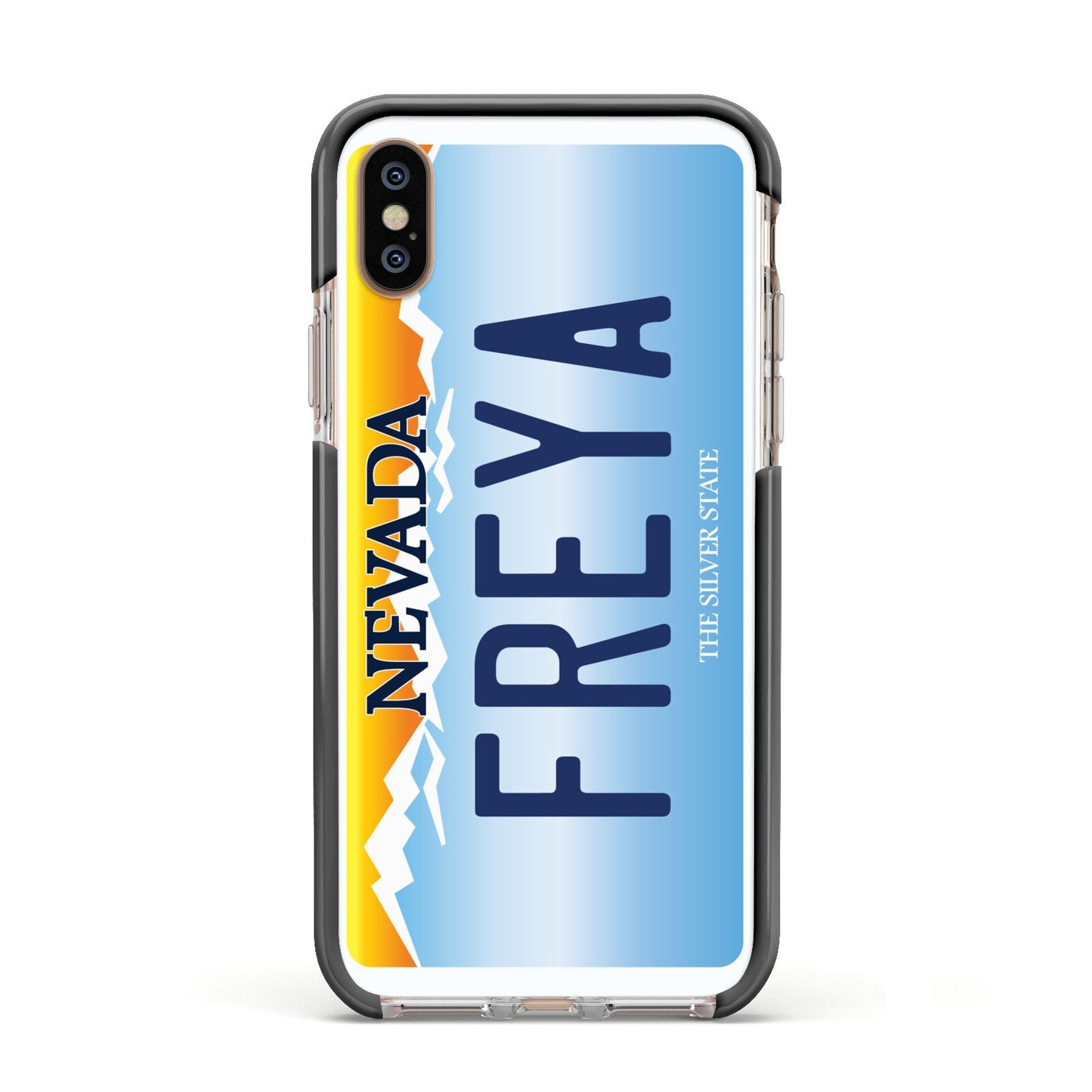 Personalised Nevada License Plate Apple iPhone Xs Impact Case Black Edge on Gold Phone