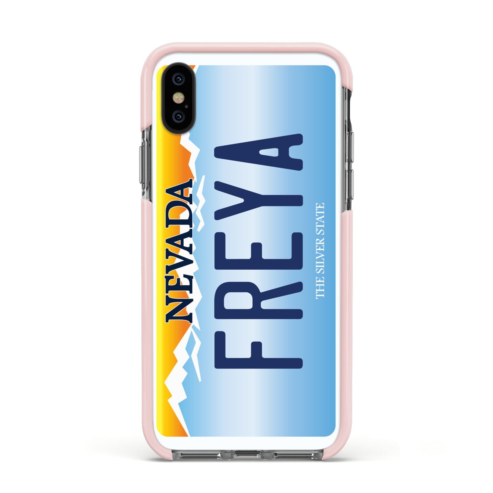 Personalised Nevada License Plate Apple iPhone Xs Impact Case Pink Edge on Black Phone