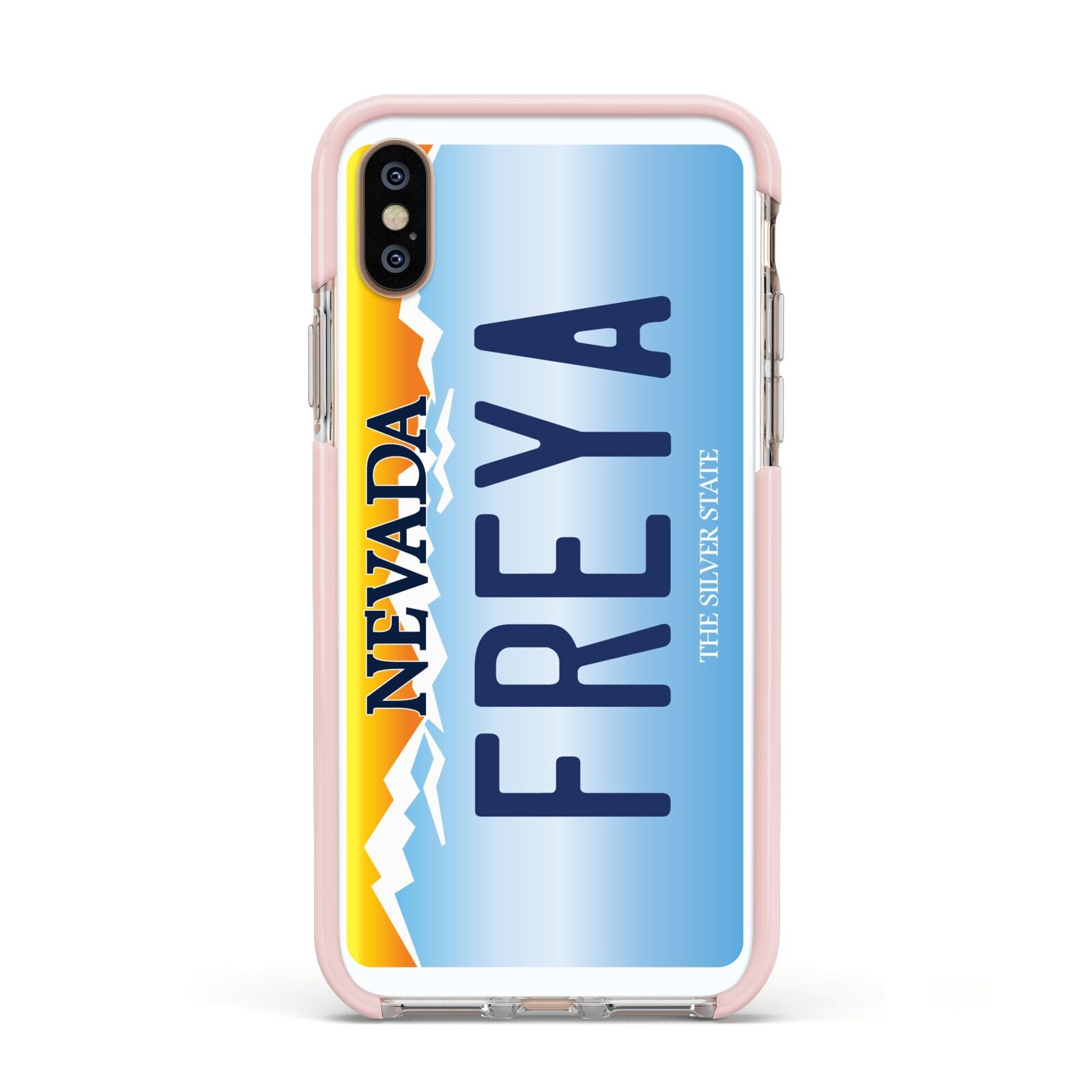 Personalised Nevada License Plate Apple iPhone Xs Impact Case Pink Edge on Gold Phone