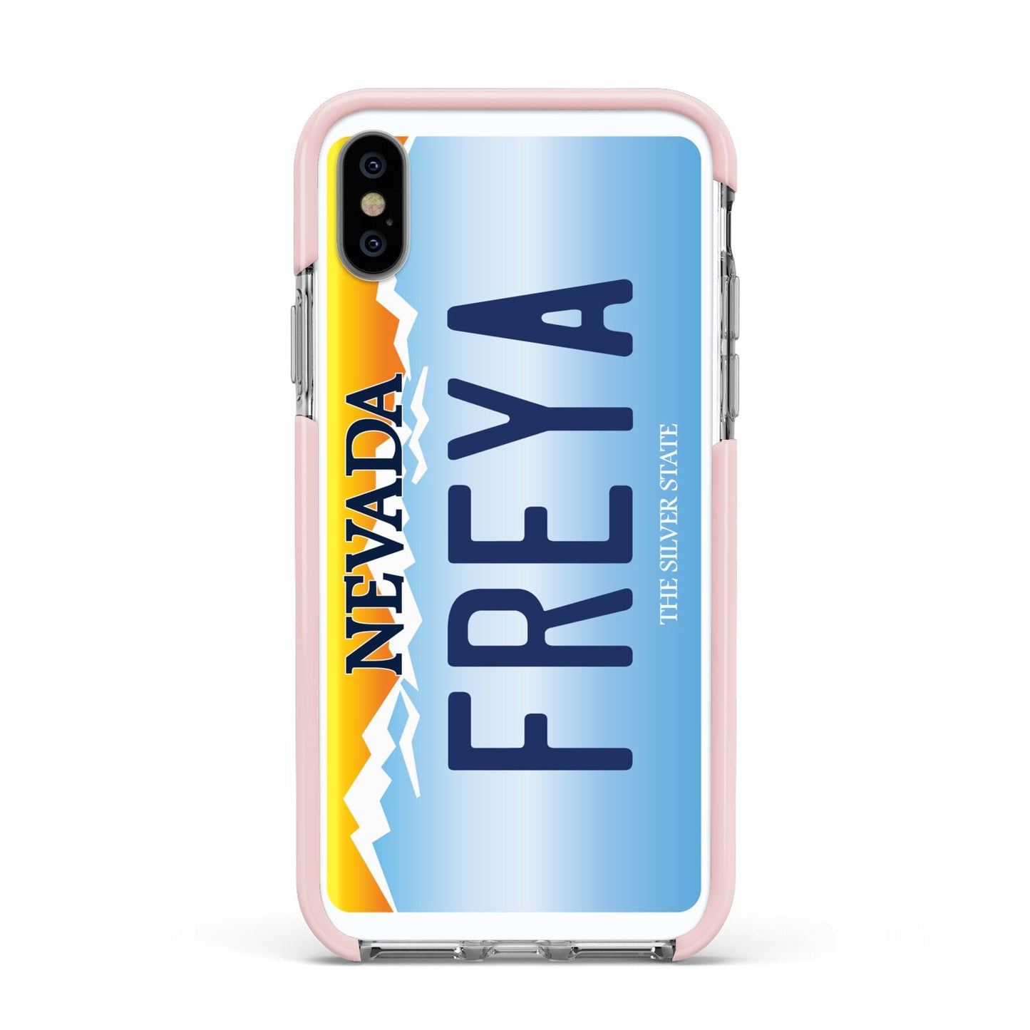 Personalised Nevada License Plate Apple iPhone Xs Impact Case Pink Edge on Silver Phone