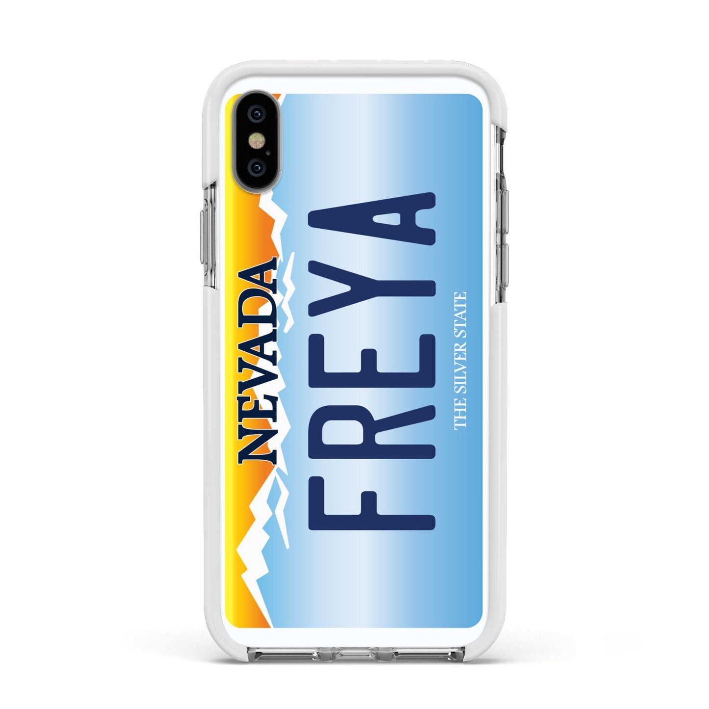 Personalised Nevada License Plate Apple iPhone Xs Impact Case White Edge on Silver Phone