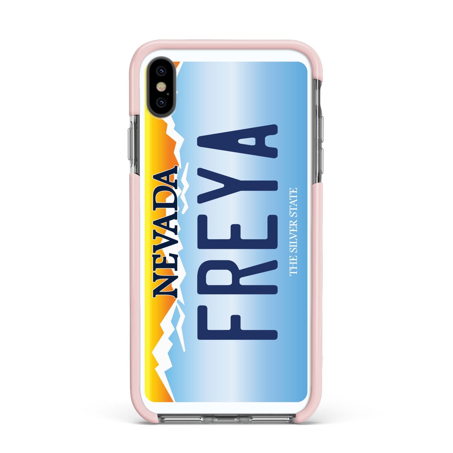 Personalised Nevada License Plate Apple iPhone Xs Max Impact Case Pink Edge on Black Phone