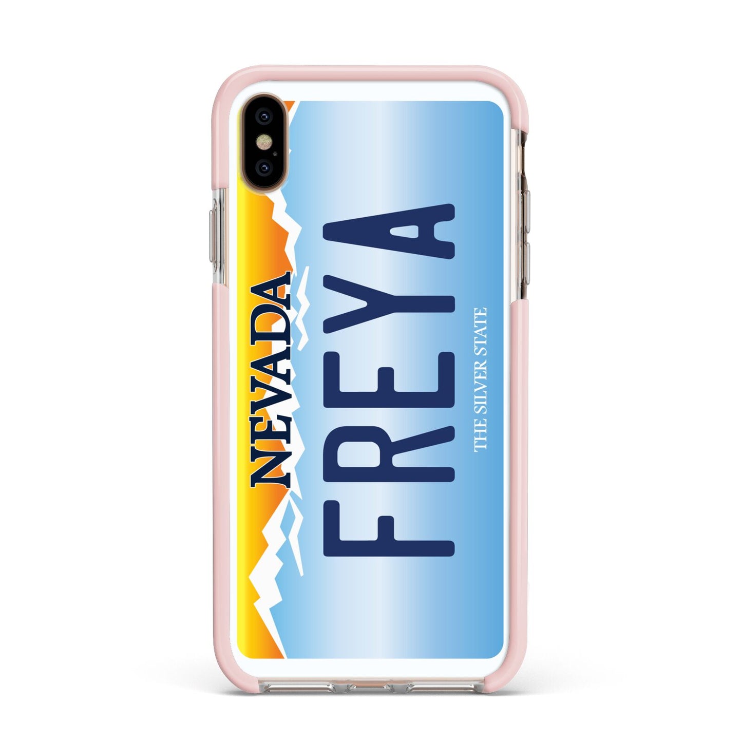 Personalised Nevada License Plate Apple iPhone Xs Max Impact Case Pink Edge on Gold Phone