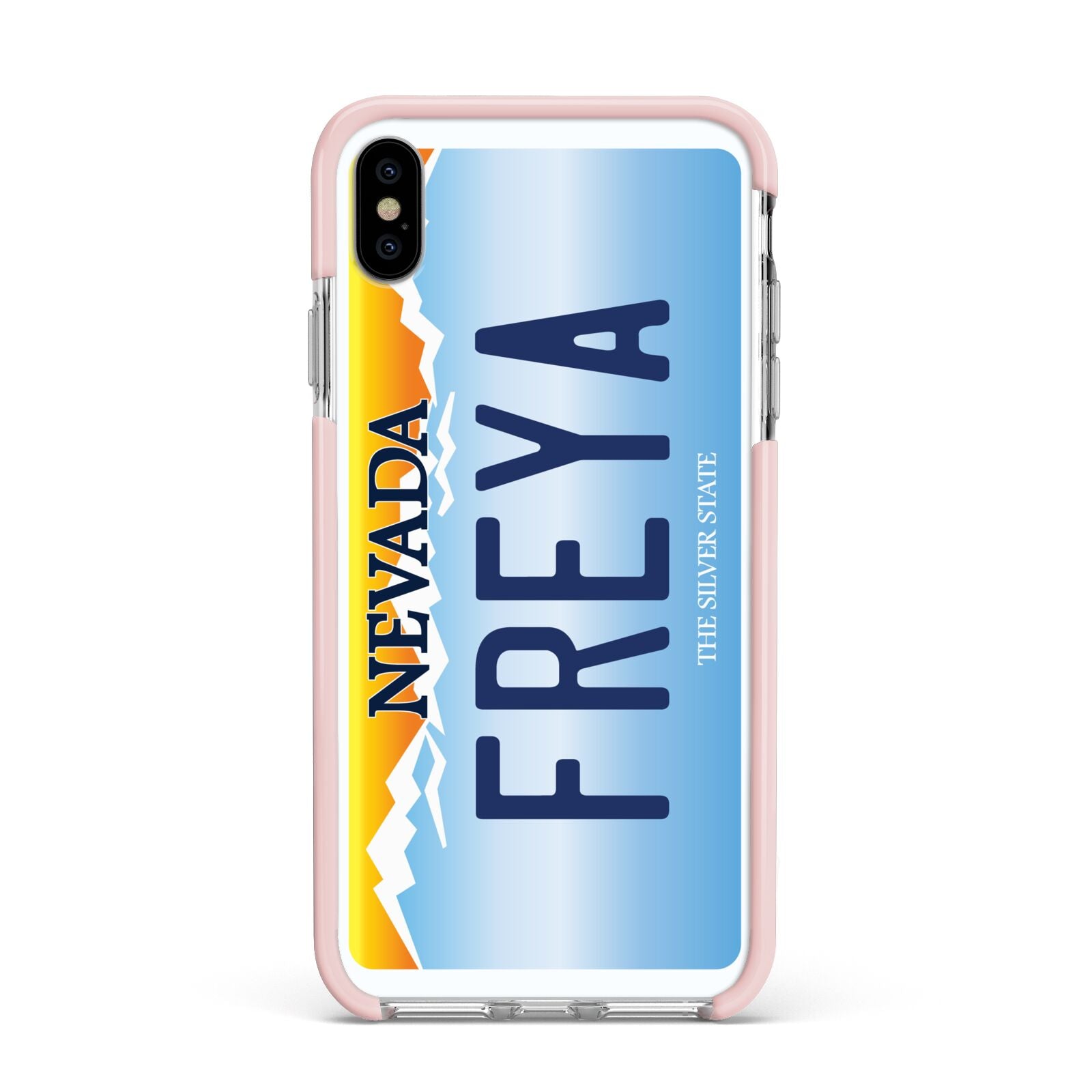 Personalised Nevada License Plate Apple iPhone Xs Max Impact Case Pink Edge on Silver Phone