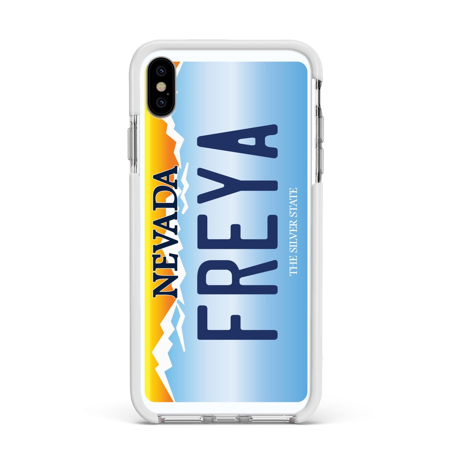 Personalised Nevada License Plate Apple iPhone Xs Max Impact Case White Edge on Silver Phone