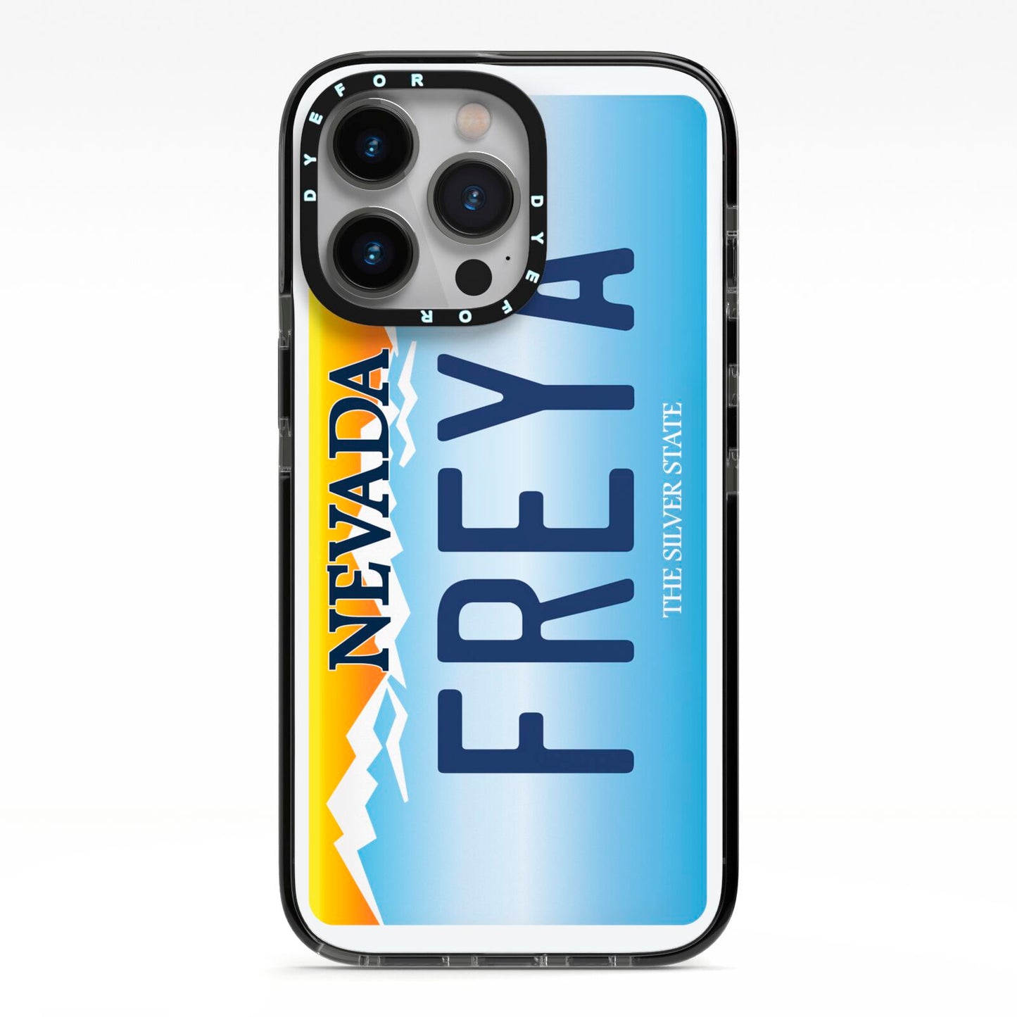 Personalised Nevada License Plate iPhone 13 Pro Black Impact Case on Silver phone