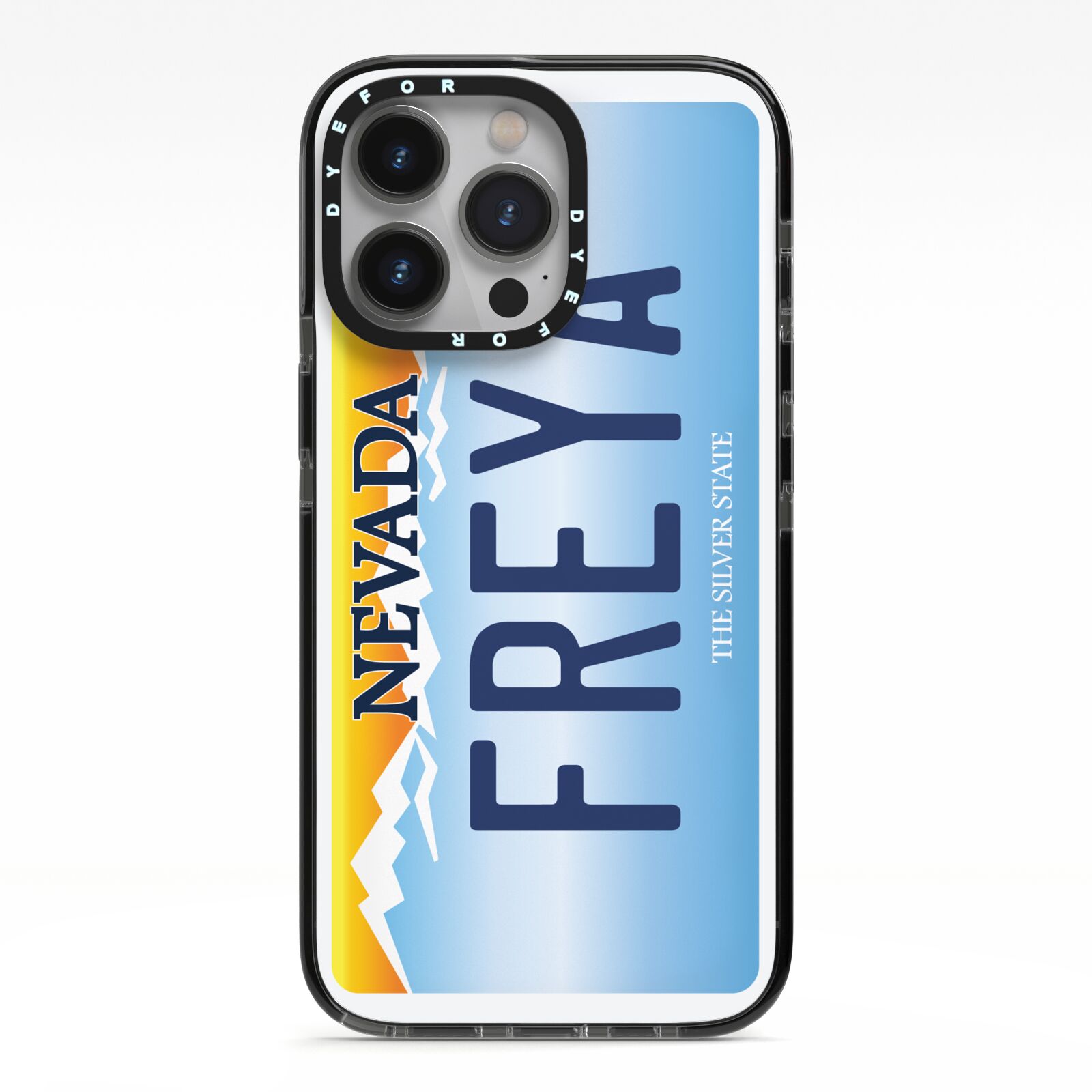 Personalised Nevada License Plate iPhone 13 Pro Black Impact Case on Silver phone