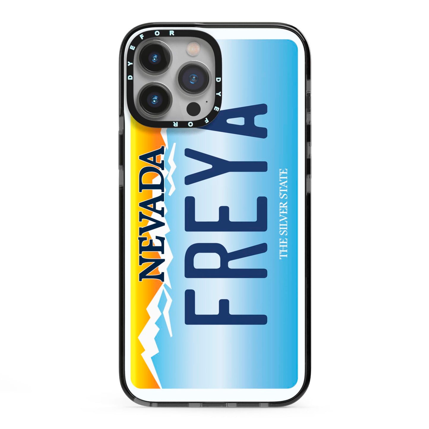 Personalised Nevada License Plate iPhone 13 Pro Max Black Impact Case on Silver phone