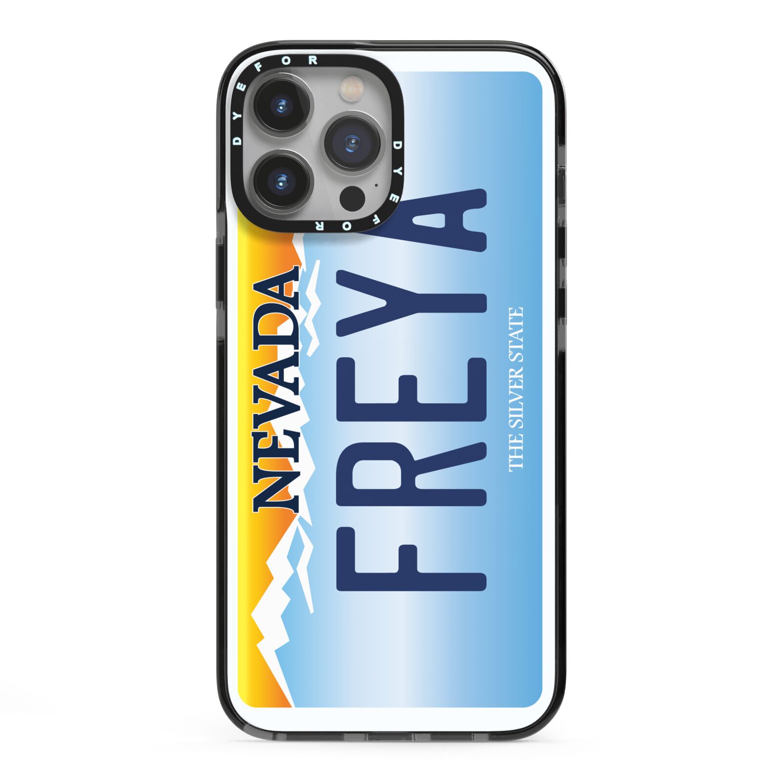 Personalised Nevada License Plate iPhone 13 Pro Max Black Impact Case on Silver phone