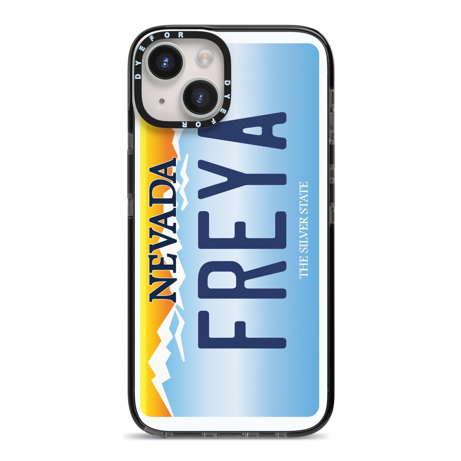 Personalised Nevada License Plate iPhone 14 Black Impact Case on Silver phone