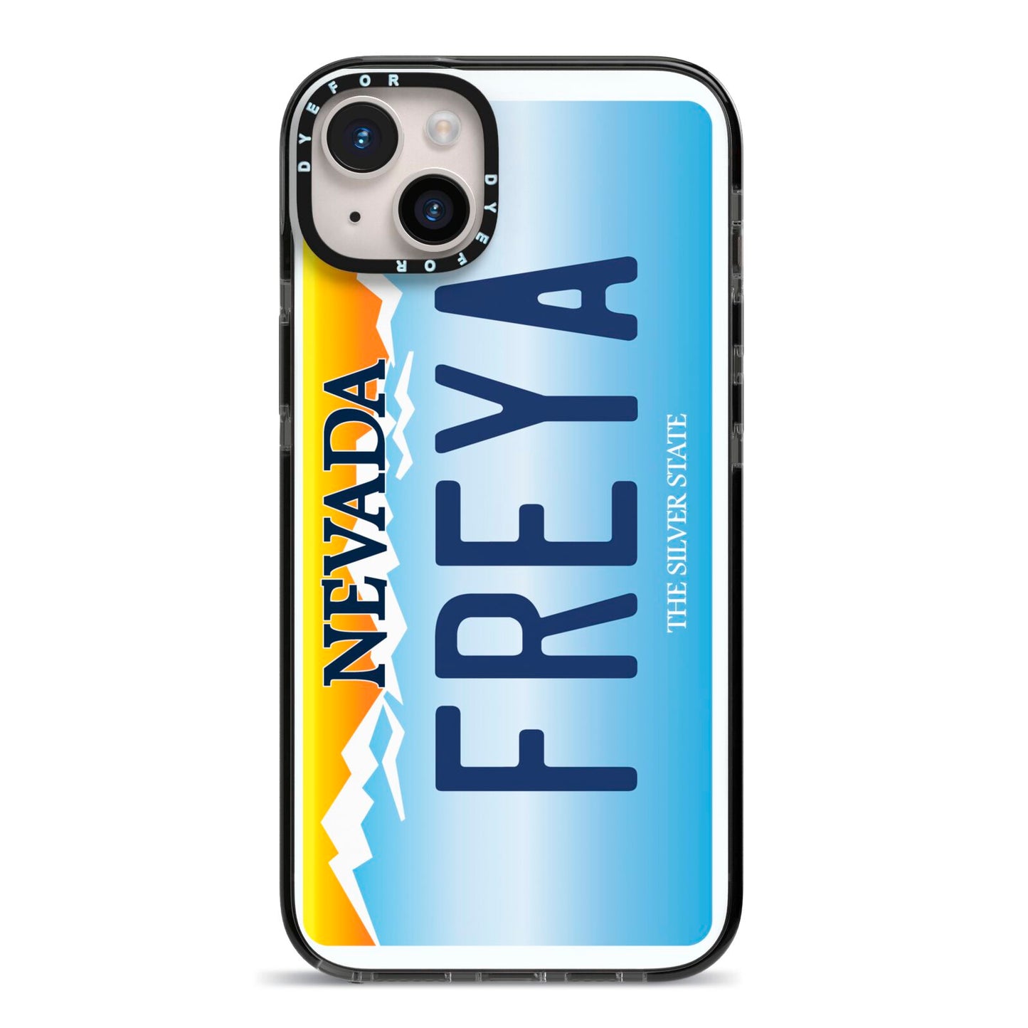 Personalised Nevada License Plate iPhone 14 Plus Black Impact Case on Silver phone