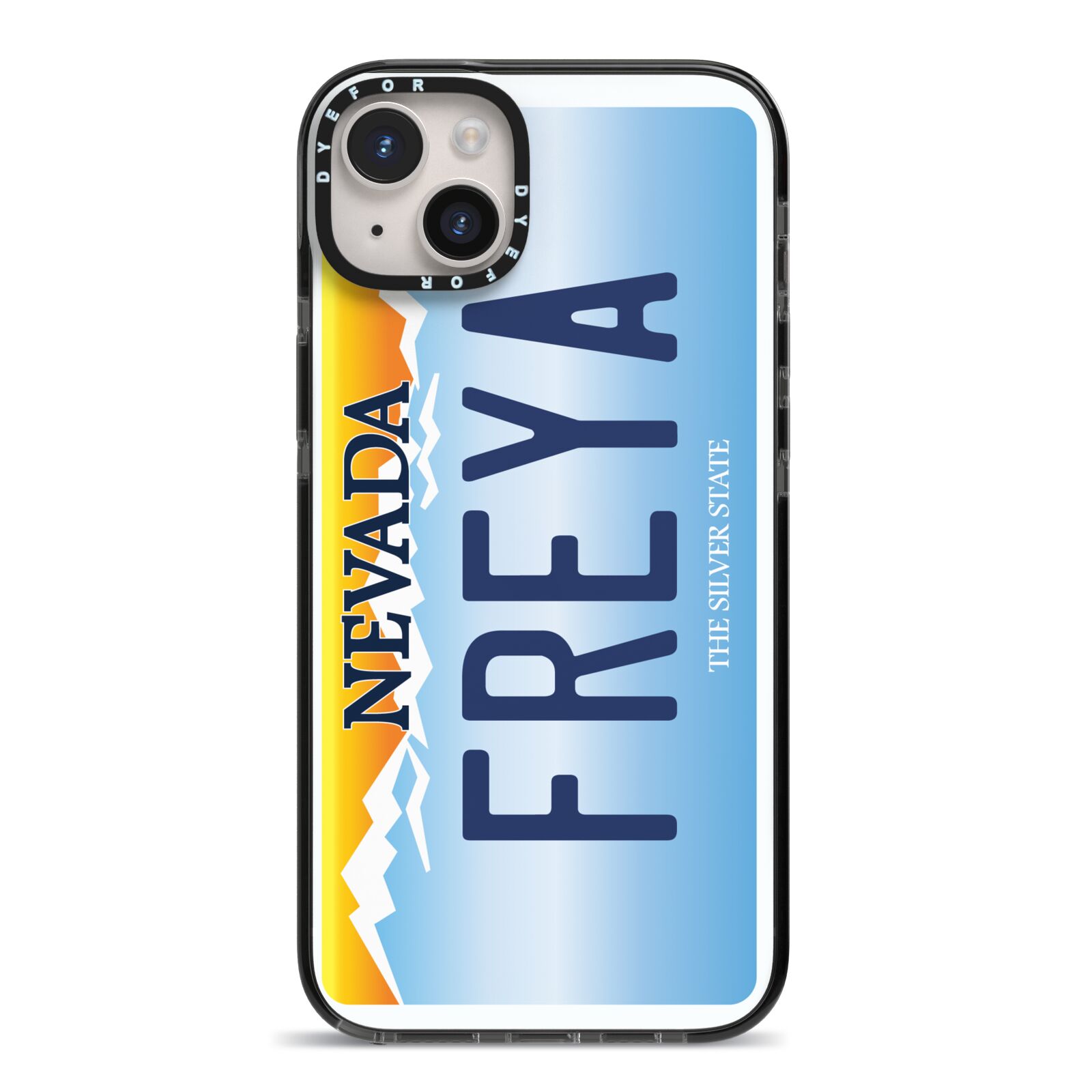 Personalised Nevada License Plate iPhone 14 Plus Black Impact Case on Silver phone