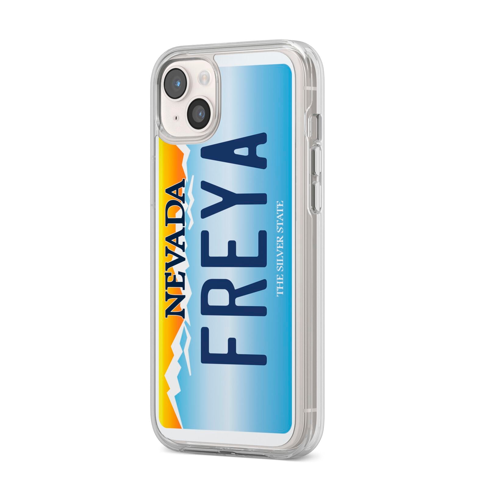 Personalised Nevada License Plate iPhone 14 Plus Clear Tough Case Starlight Angled Image