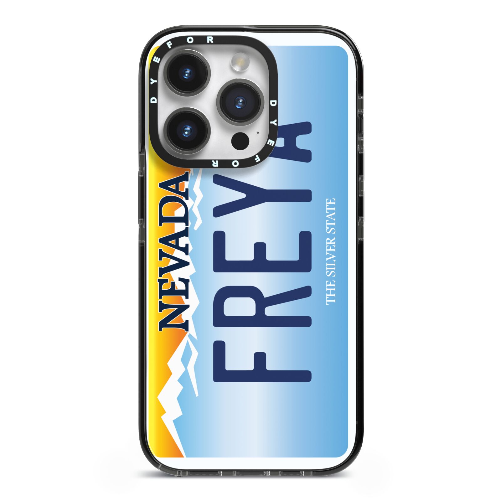 Personalised Nevada License Plate iPhone 14 Pro Black Impact Case on Silver phone