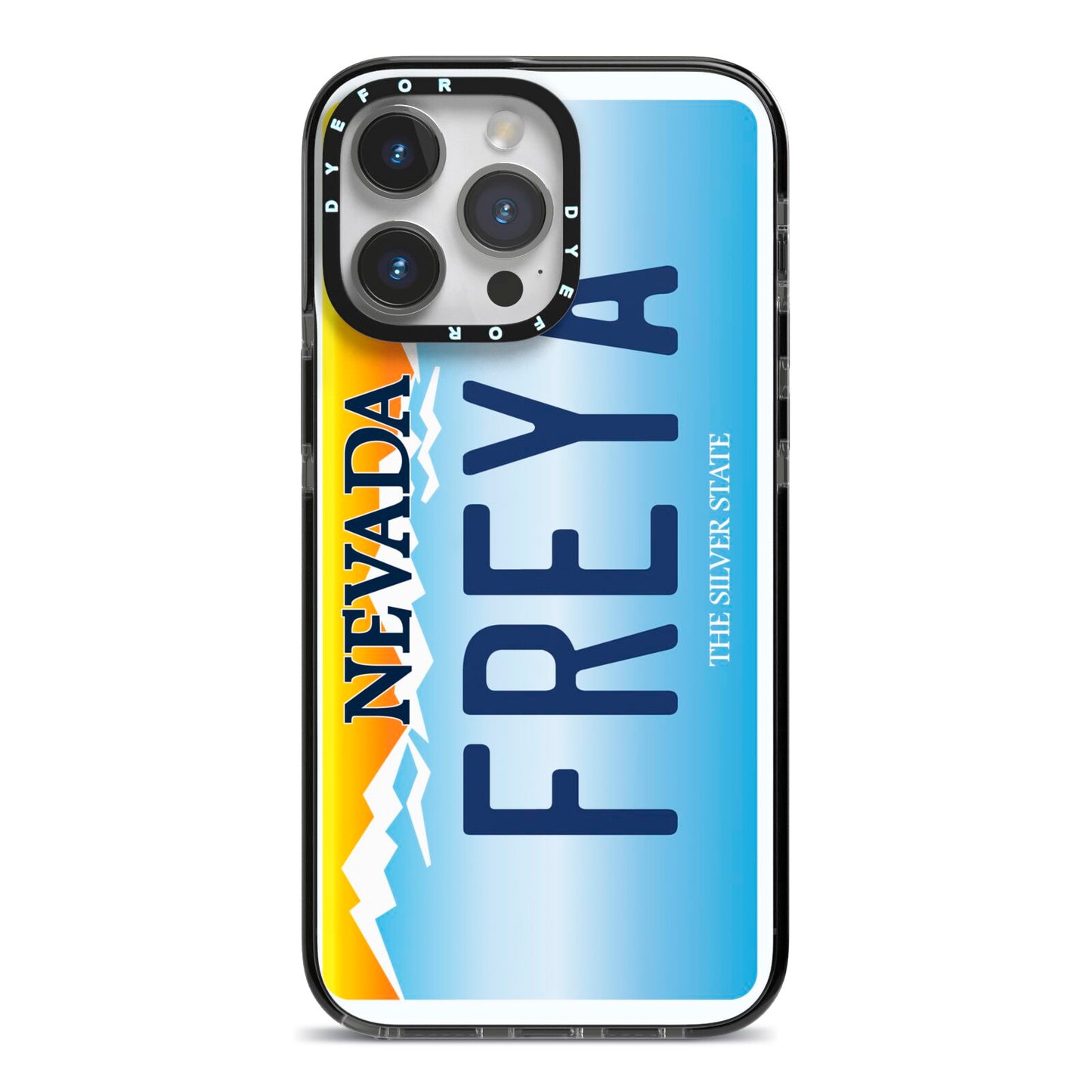 Personalised Nevada License Plate iPhone 14 Pro Max Black Impact Case on Silver phone