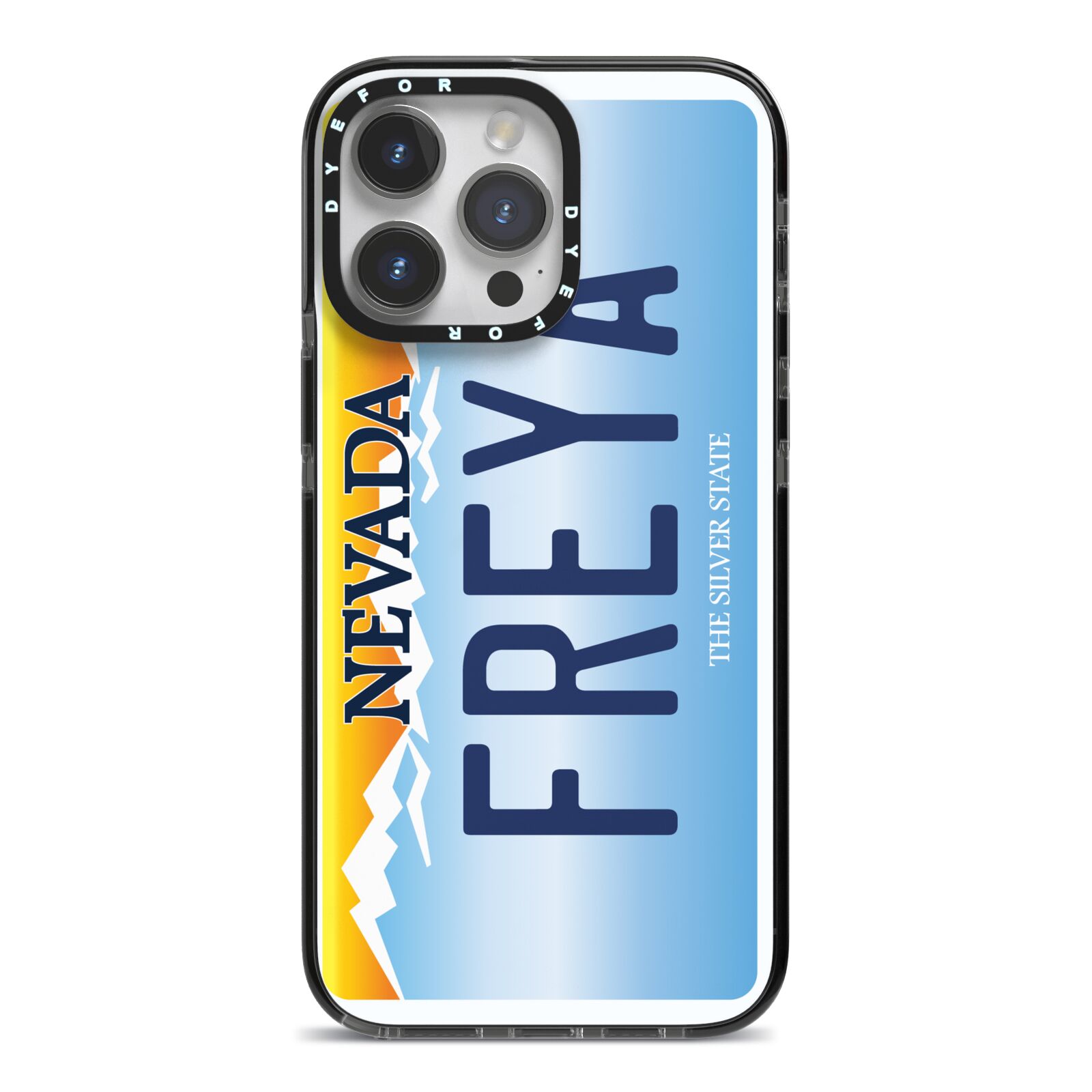 Personalised Nevada License Plate iPhone 14 Pro Max Black Impact Case on Silver phone