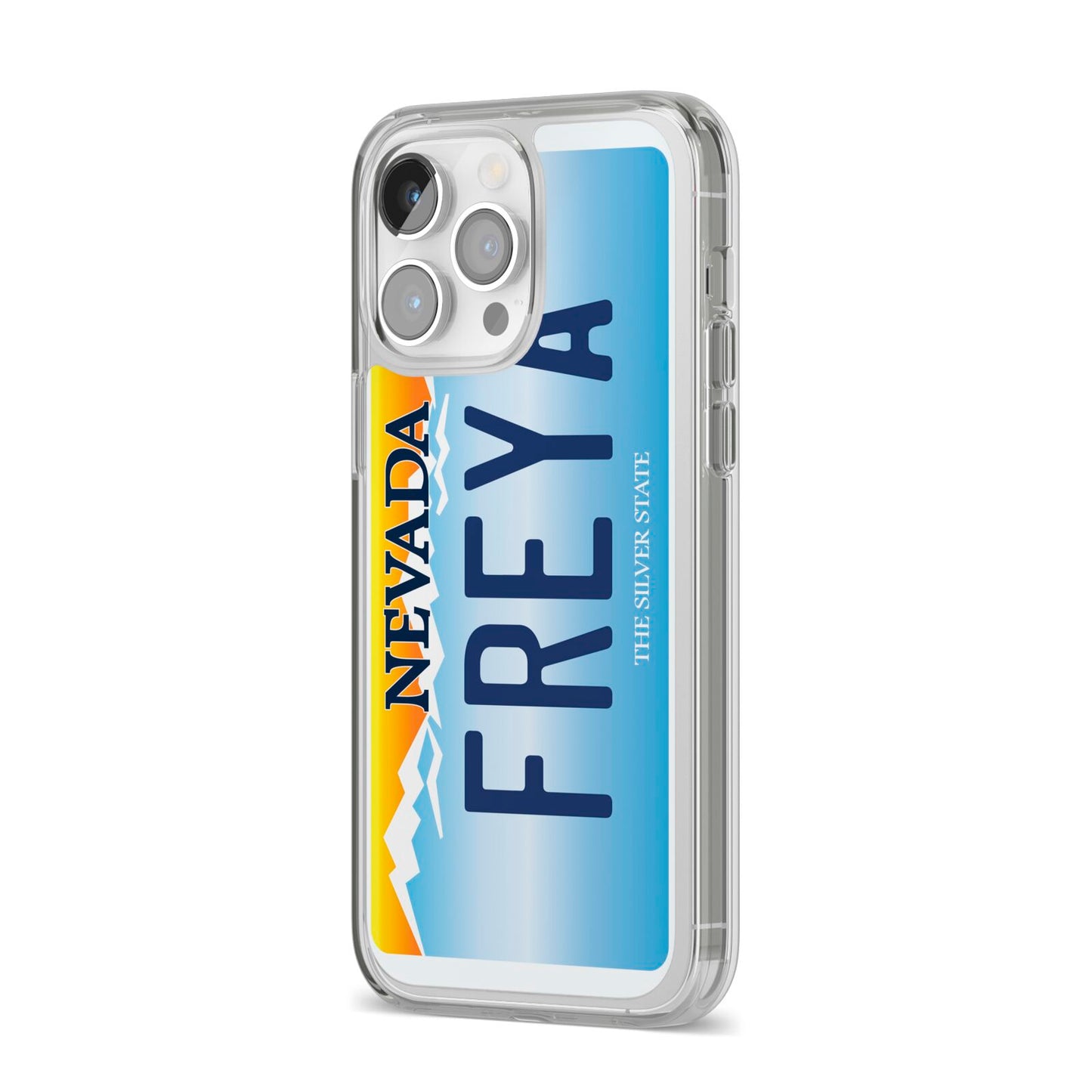 Personalised Nevada License Plate iPhone 14 Pro Max Clear Tough Case Silver Angled Image