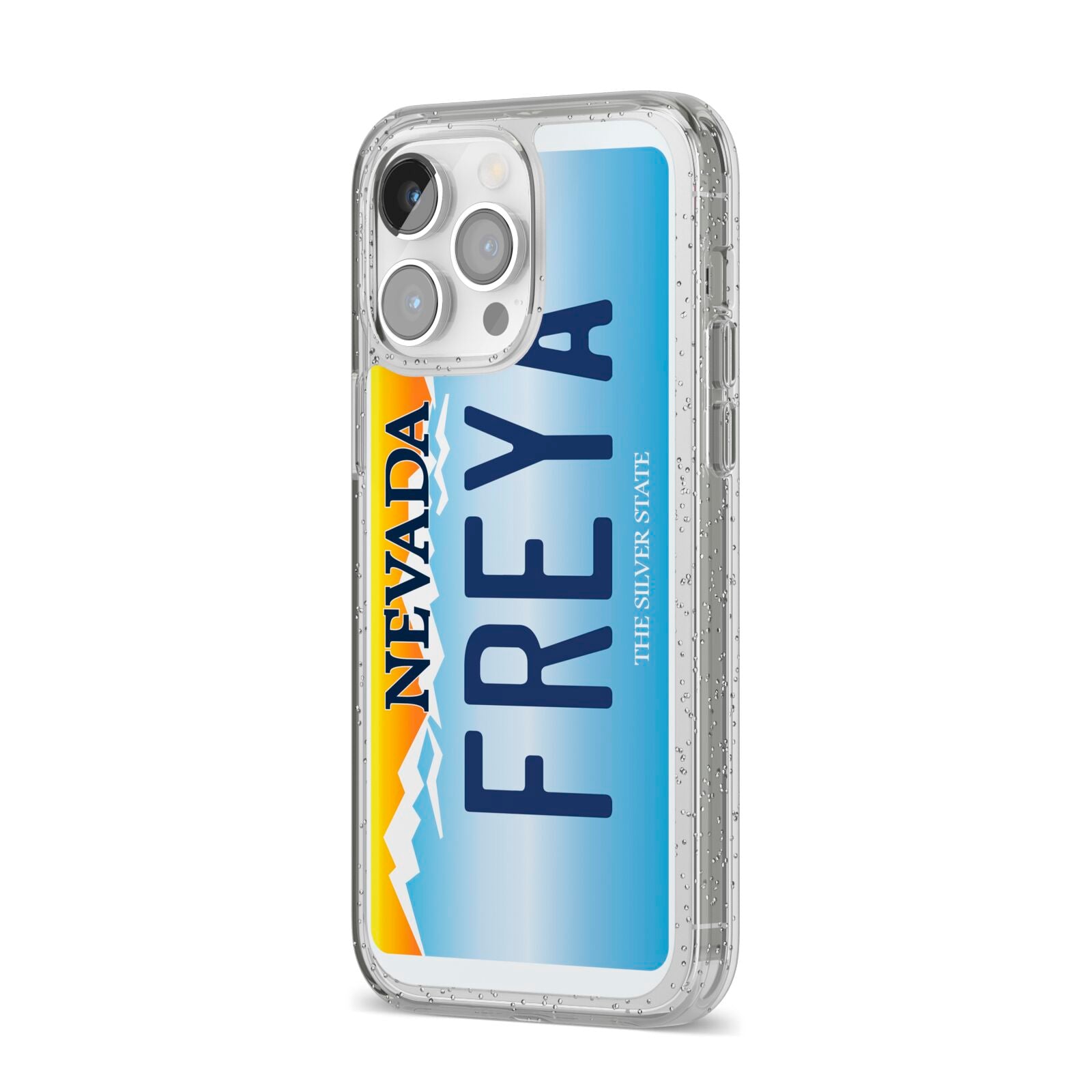 Personalised Nevada License Plate iPhone 14 Pro Max Glitter Tough Case Silver Angled Image