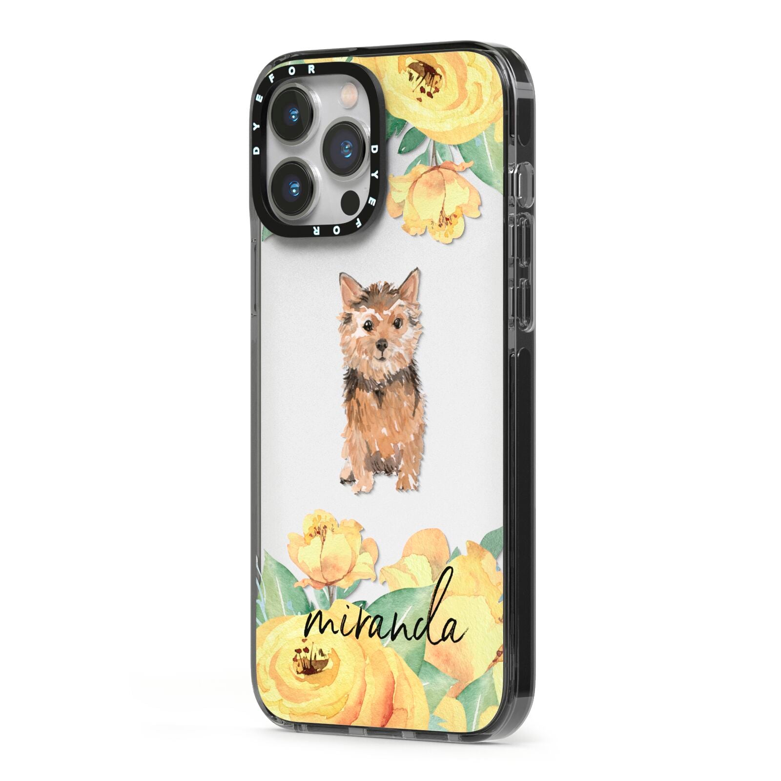 Personalised Norwich Terrier iPhone 13 Pro Max Black Impact Case Side Angle on Silver phone