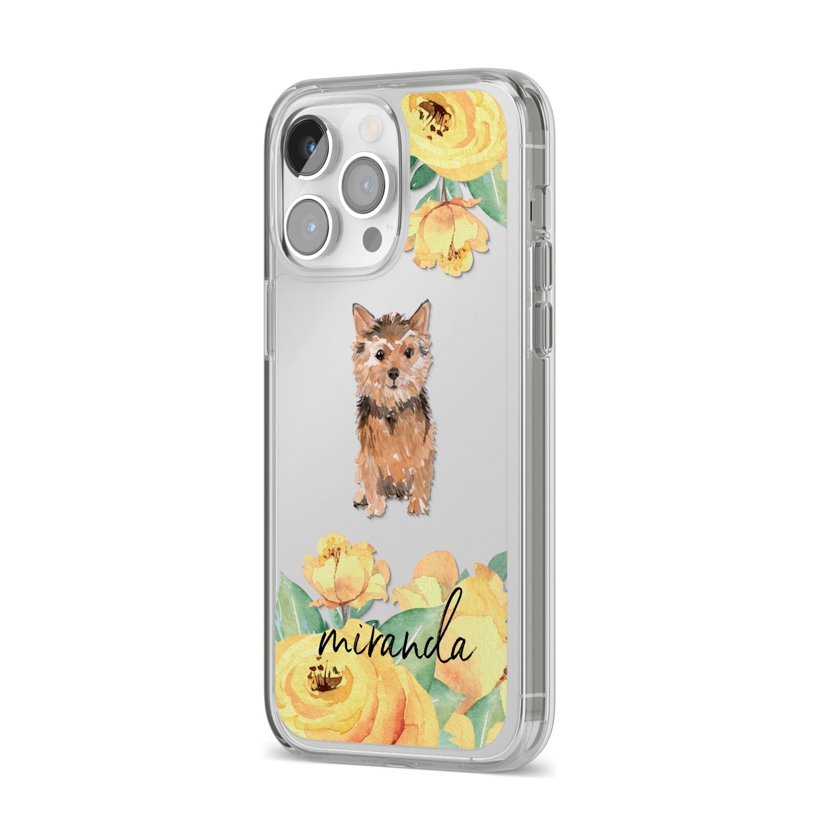 Personalised Norwich Terrier iPhone 14 Pro Max Clear Tough Case Silver Angled Image