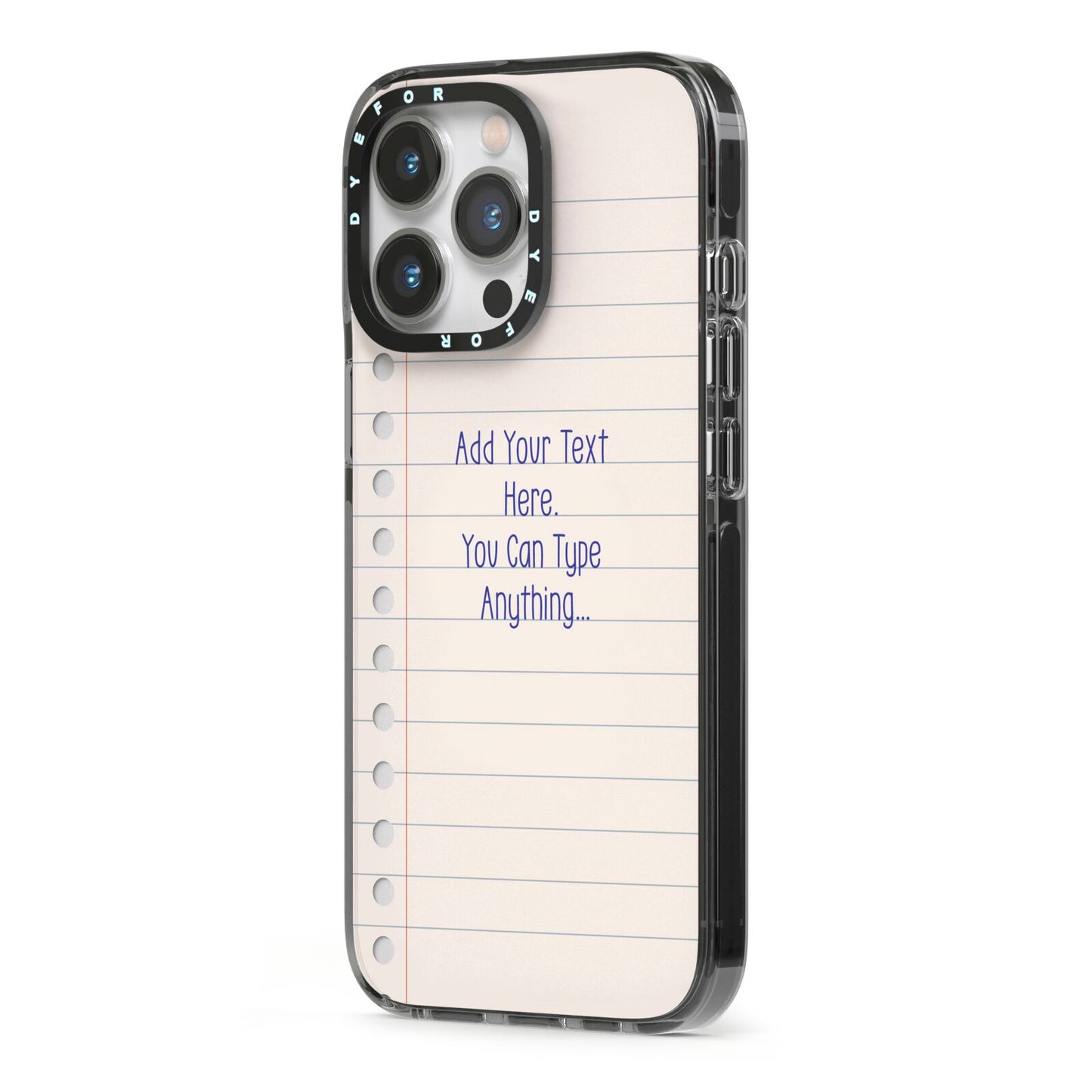 Personalised Notepad iPhone 13 Pro Black Impact Case Side Angle on Silver phone