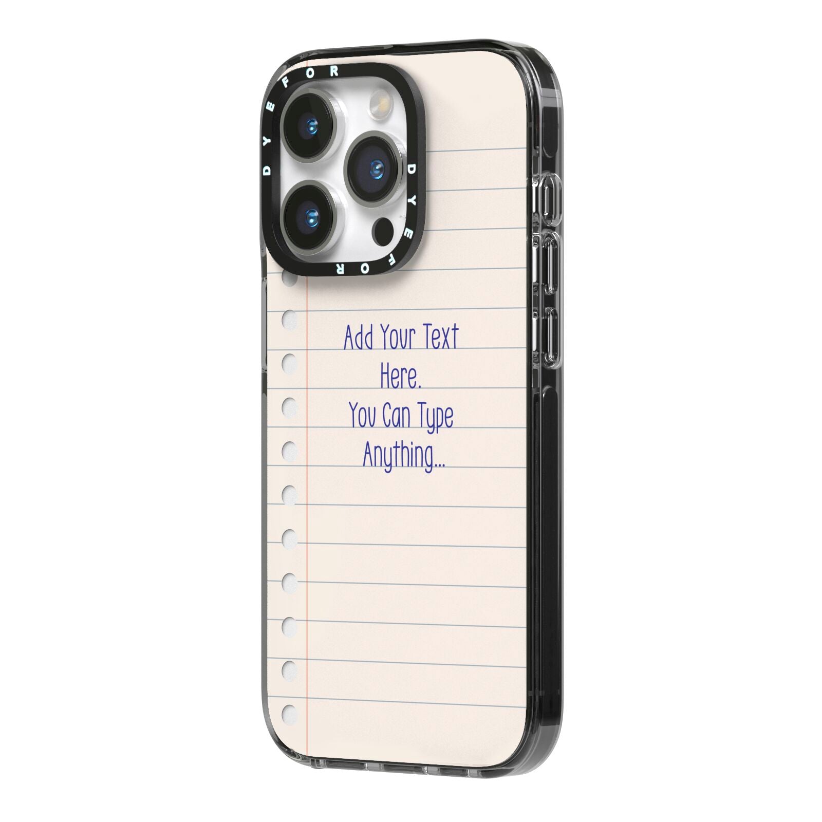 Personalised Notepad iPhone 14 Pro Black Impact Case Side Angle on Silver phone