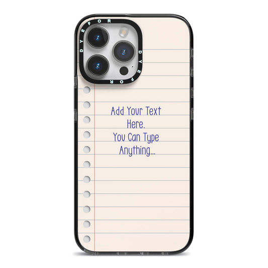 Personalised Notepad iPhone 14 Pro Max Black Impact Case on Silver phone