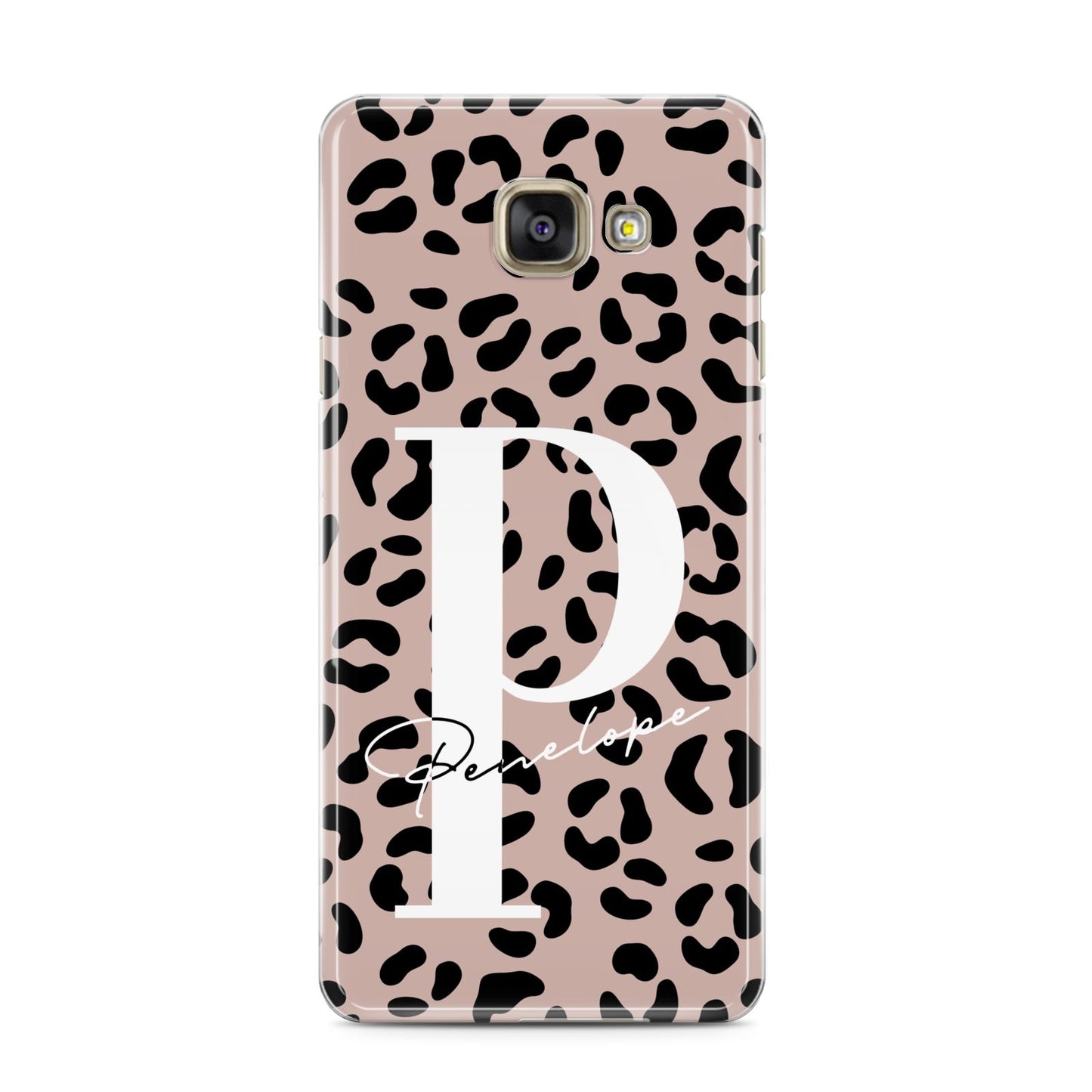 Personalised Nude Colour Leopard Print Samsung Galaxy A3 2016 Case on gold phone