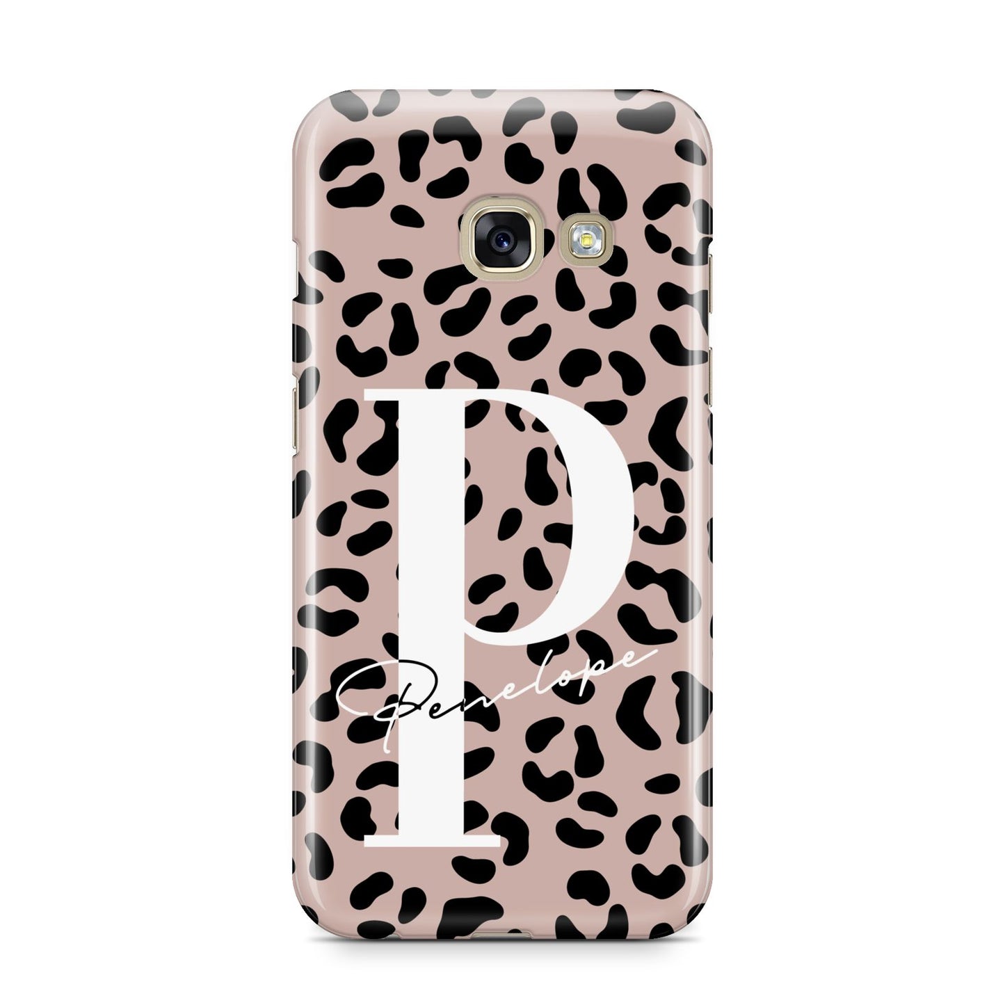 Personalised Nude Colour Leopard Print Samsung Galaxy A3 2017 Case on gold phone