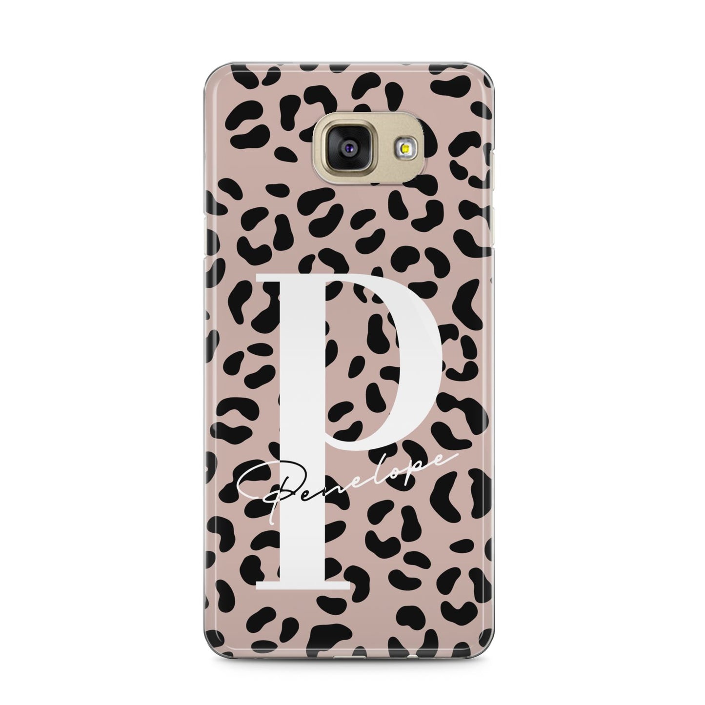 Personalised Nude Colour Leopard Print Samsung Galaxy A5 2016 Case on gold phone