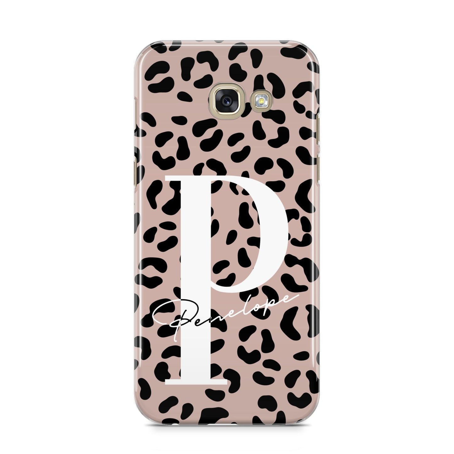 Personalised Nude Colour Leopard Print Samsung Galaxy A5 2017 Case on gold phone