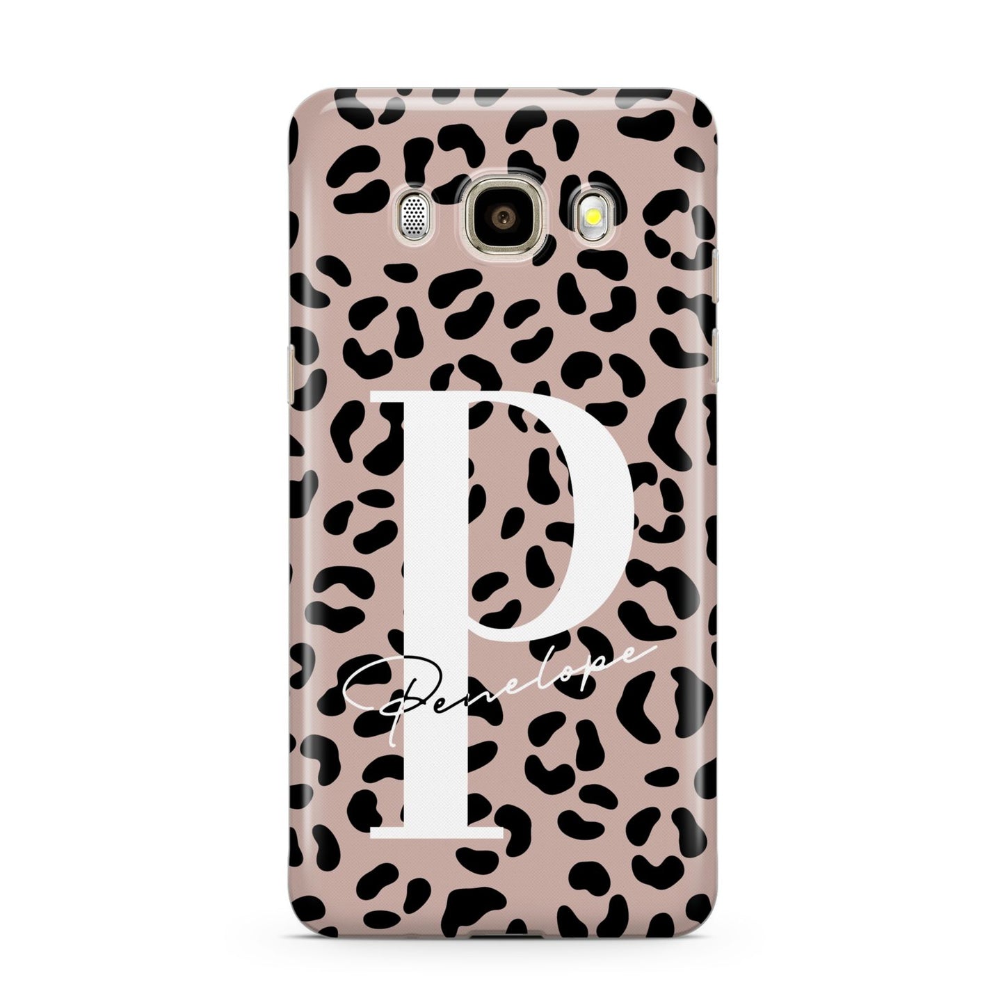 Personalised Nude Colour Leopard Print Samsung Galaxy J7 2016 Case on gold phone