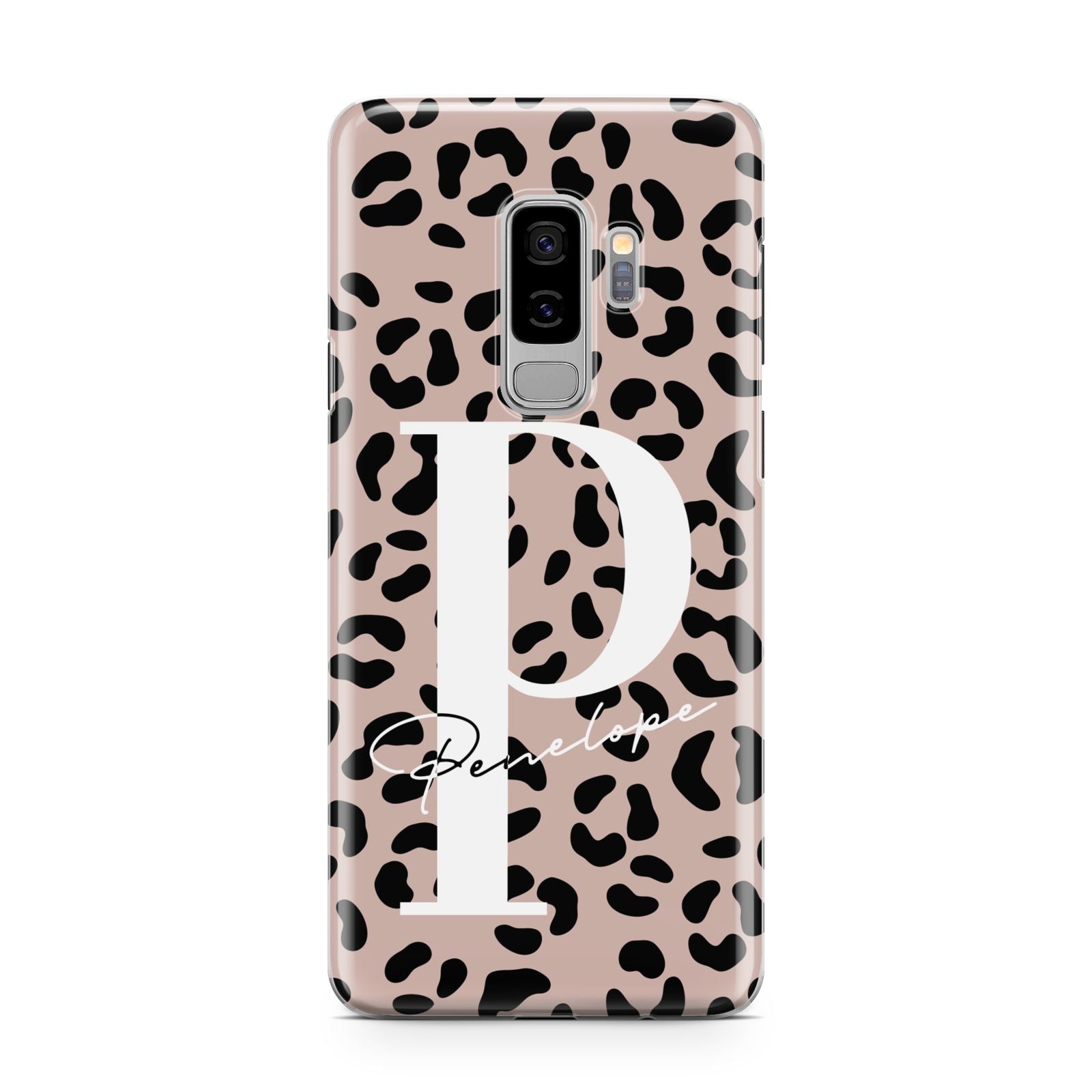 Personalised Nude Colour Leopard Print Samsung Galaxy S9 Plus Case on Silver phone