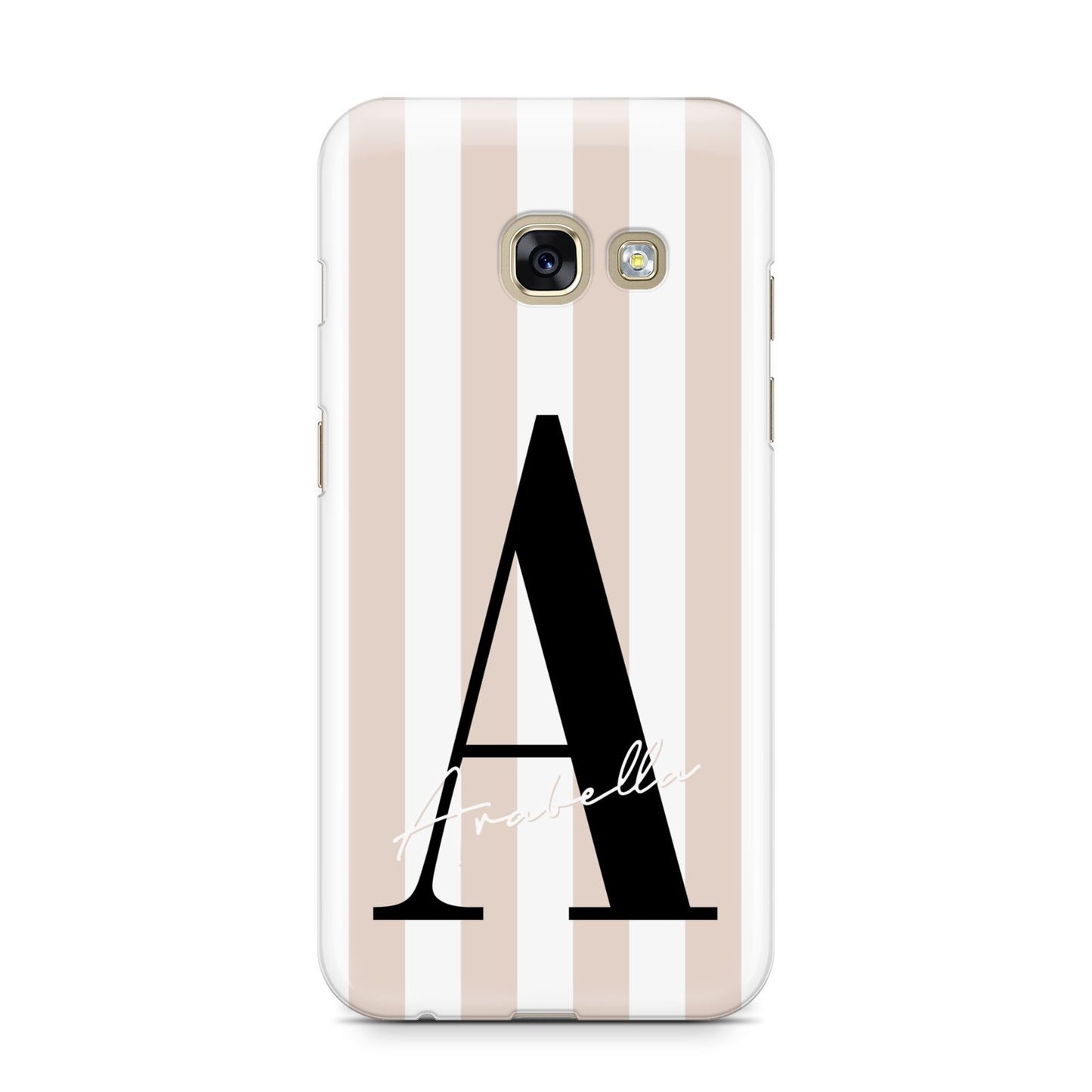 Personalised Nude Colour White Striped Samsung Galaxy A3 2017 Case on gold phone