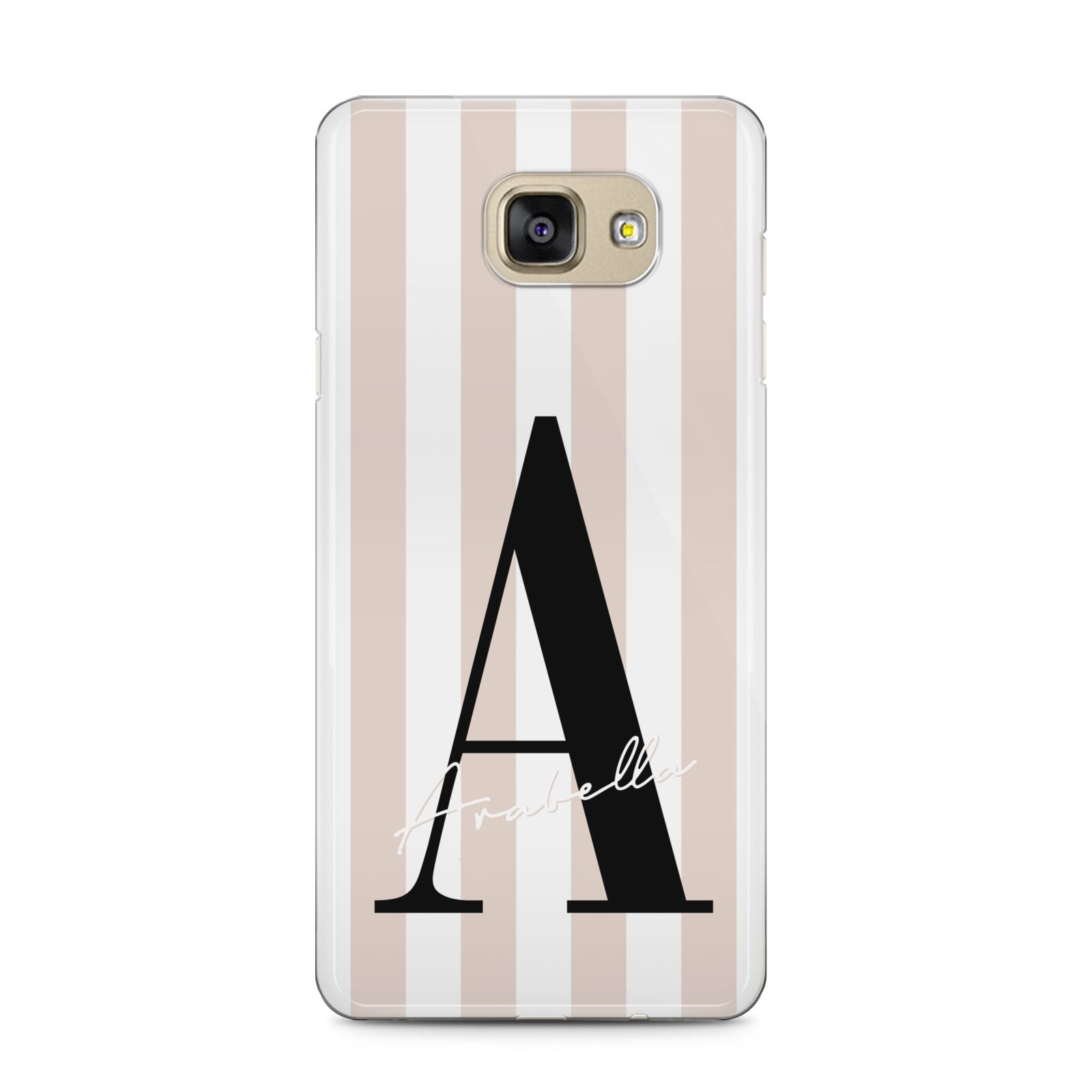 Personalised Nude Colour White Striped Samsung Galaxy A5 2016 Case on gold phone